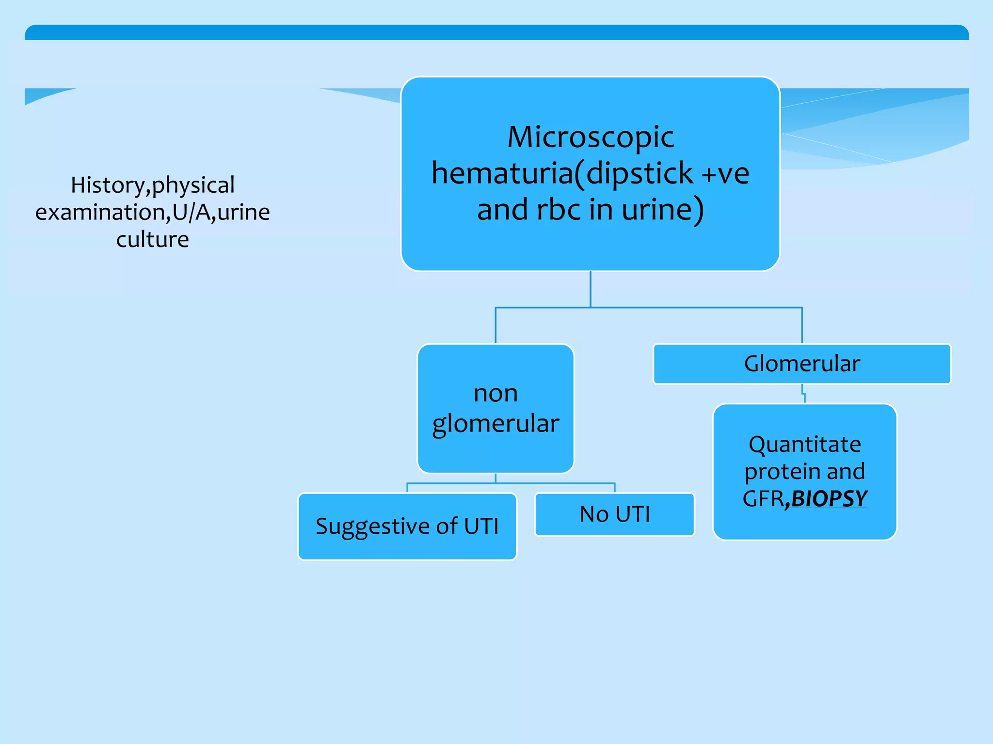 History,physical
examination,U/A,urine
culture
Microscopic
hematuria(dipstick +ve
and rbc in urine)
non
glomerular
Suggestive of UTI No UTI
Glomerular
Quantitate
protein and
GFR,BIOPSY
 