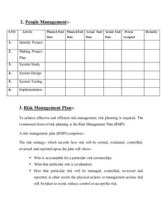 2. People Management:-
S.NO Activity Planned Start
Date
Planned End
Date
Actual Start
Date
Actual End
Date
Person
Assigned
Remarks
1. Identify Project
2. Making Project
Plan
3. System Study
4. System Design
5. System Testing
6. Implementation
3. Risk Management Plan:-
To achieve effective and efficient risk management, risk planning is required. The
commonest form of risk planning is the Risk Management Plan (RMP).
A risk management plan (RMP) comprises:-
The risk strategy, which records how risk will be owned, evaluated, controlled,
reviewed and reported upon, the plan will show:-
 Who is accountable for a particular risk (ownership).
 What that particular risk is (evaluation).
 How that particular risk will be managed, controlled, reviewed and
reported, in other words the physical actions or management actions that
will be taken to avoid, reduce, control or acceptthe risk.
 