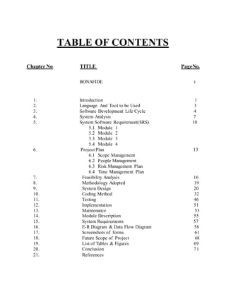 TABLE OF CONTENTS
Chapter No. TITLE PageNo.
BONAFIDE i
1. Introduction 1
2. Language And Tool to be Used 3
3. Software Development Life Cycle 4
4. System Analysis 7
5. System Software Requirement(SRS) 10
5.1 Module 1
5.2 Module 2
5.3 Module 3
5.4 Module 4
6. Project Plan 13
6.1 Scope Management
6.2 People Management
6.3 Risk Management Plan
6.4 Time Management Plan
7. Feasibility Analysis 16
8. Methodology Adopted 19
9. System Design 20
10. Coding Method 32
11. Testing 46
12. Implementation 51
13. Maintenance 53
14. Module Description 55
15. System Requirements 57
16. E-R Diagram & Data Flow Diagram 58
17. Screenshots of forms 61
18. Future Scope of Project 68
19. List of Tables & Figures 69
20. Conclusion 71
21. References
 