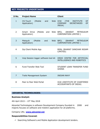 KEY PROJECTS UNDERTAKEN
S No. Project Name Client
1 CS-Touch (Mobile and Web
Application)
ICSI (THE INSTITUTE OF
COMPANY SECRETARIES OF
INDIA)
2 Smart Drive (Mobile and Web
Application)
BPCL (BHARAT PETROLEUM
CORPORATION LIMITED )
3 Makquik (Mobile and Web
Application)
BPCL (BHARAT PETROLEUM
CORPORATION LIMITED )
4 Sip Client Mobile App BSNL (BHARAT SANCHAR NIGAM
LIMITED)
5 Voip Session logger software tool kit DRDO CENTRE FOR ARTIFICIAL
INTELLIGENCE AND ROBOTICS
6 Fund Transfer Web Tool STUDENT LOAN TRANSFER FUND
GHANA
7 Trails Management System INDIAN NAVY
8 Peer to Peer Web Portal ICAI (INSTITUTE OF CHARTERED
ACCOUNTANTS OF INDIA)
ADVANTAL TECHNOLOGIES:
Business Analyst:
4th April 2015 – 15th
May 2018
Advantal Technologies is software Development Company founded in 2008 and
majorly focuses on software and mobile’s application for all platforms.
Company URL: www.advantal.net
Responsibilities Covered:
 Searching Software's and Mobile Application development tenders.
 