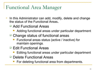 Department Details Manager
 Department Manager Module provides the functionality
for Adding, modifying, deleting and changing the status
of the Department.
 Add Department
 For addition of a new departments.
 Change Status of department
 We are able to manage company department
status (active / inactive) for maintain openings.
 Edit Department
 For editing the department name.
 Delete Department
 For the Deleting department.
18
 