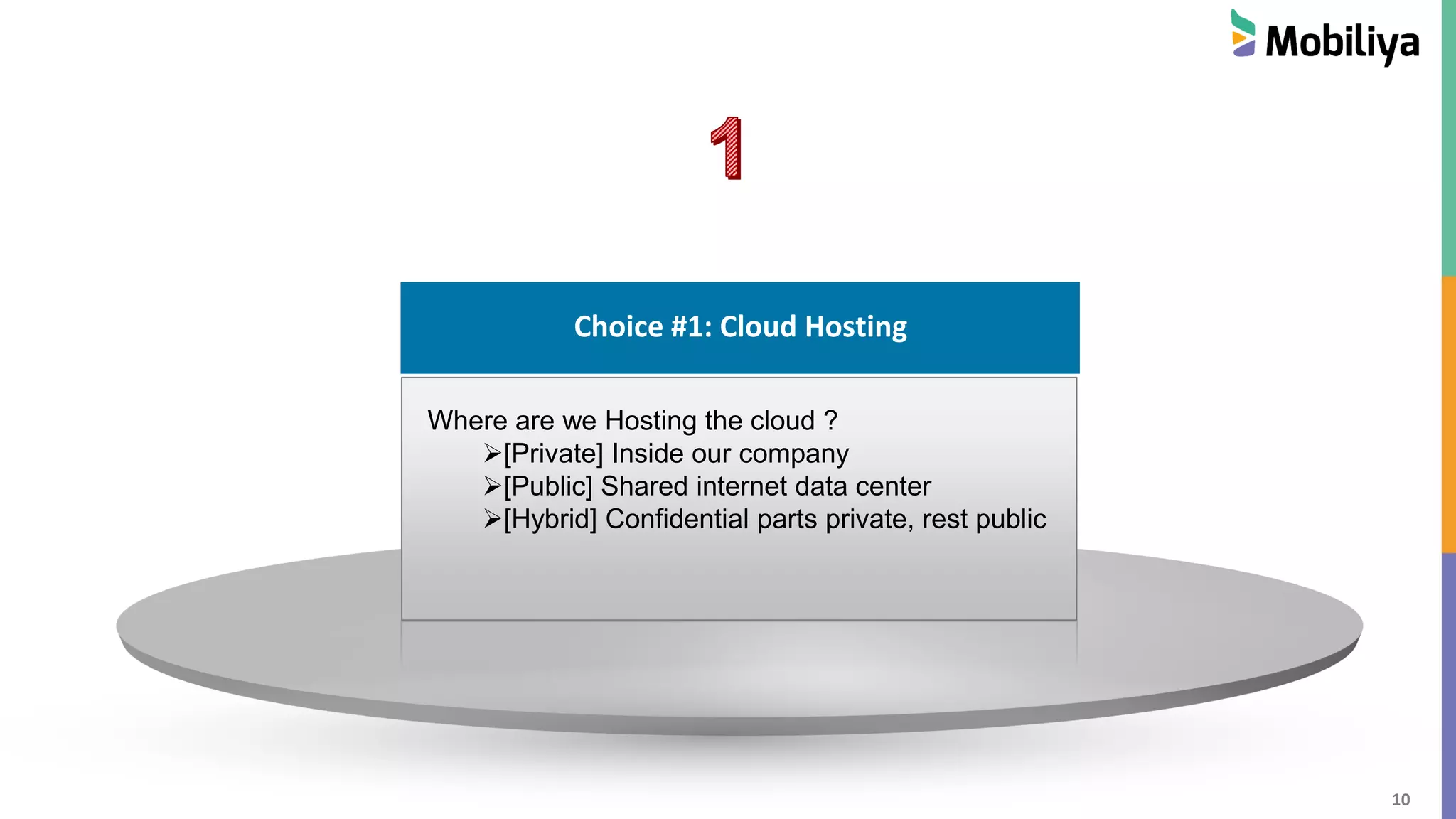 10
Choice #1 : Cloud Hosting
Choice #1: Cloud Hosting
Where are we Hosting the cloud ?
[Private] Inside our company
[Public] Shared internet data center
[Hybrid] Confidential parts private, rest public
 