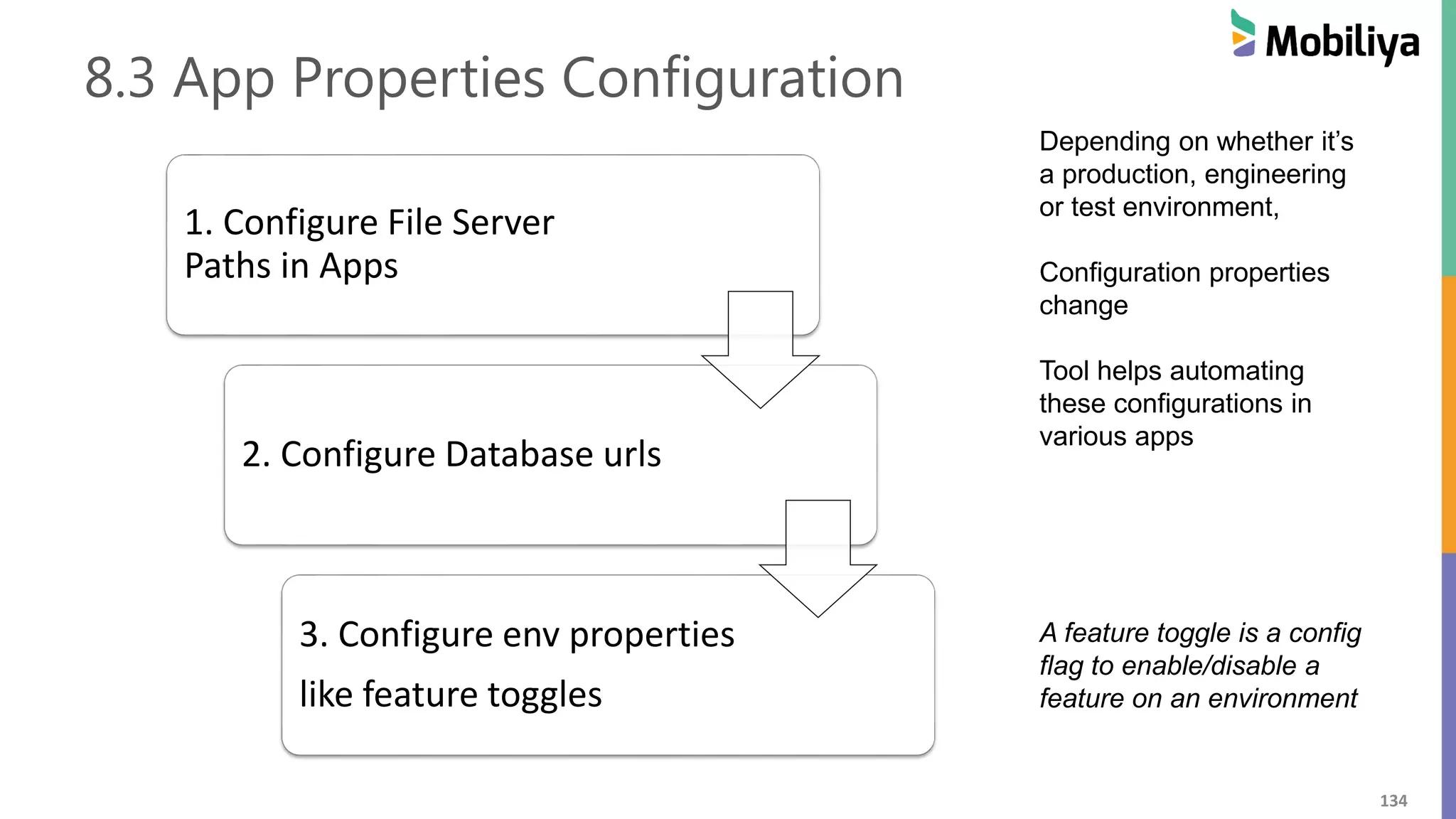 134
8.3 App Properties Configuration
1. Configure File Server
Paths in Apps
2. Configure Database urls
3. Configure env properties
like feature toggles
Depending on whether it’s
a production, engineering
or test environment,
Configuration properties
change
Tool helps automating
these configurations in
various apps
A feature toggle is a config
flag to enable/disable a
feature on an environment
 