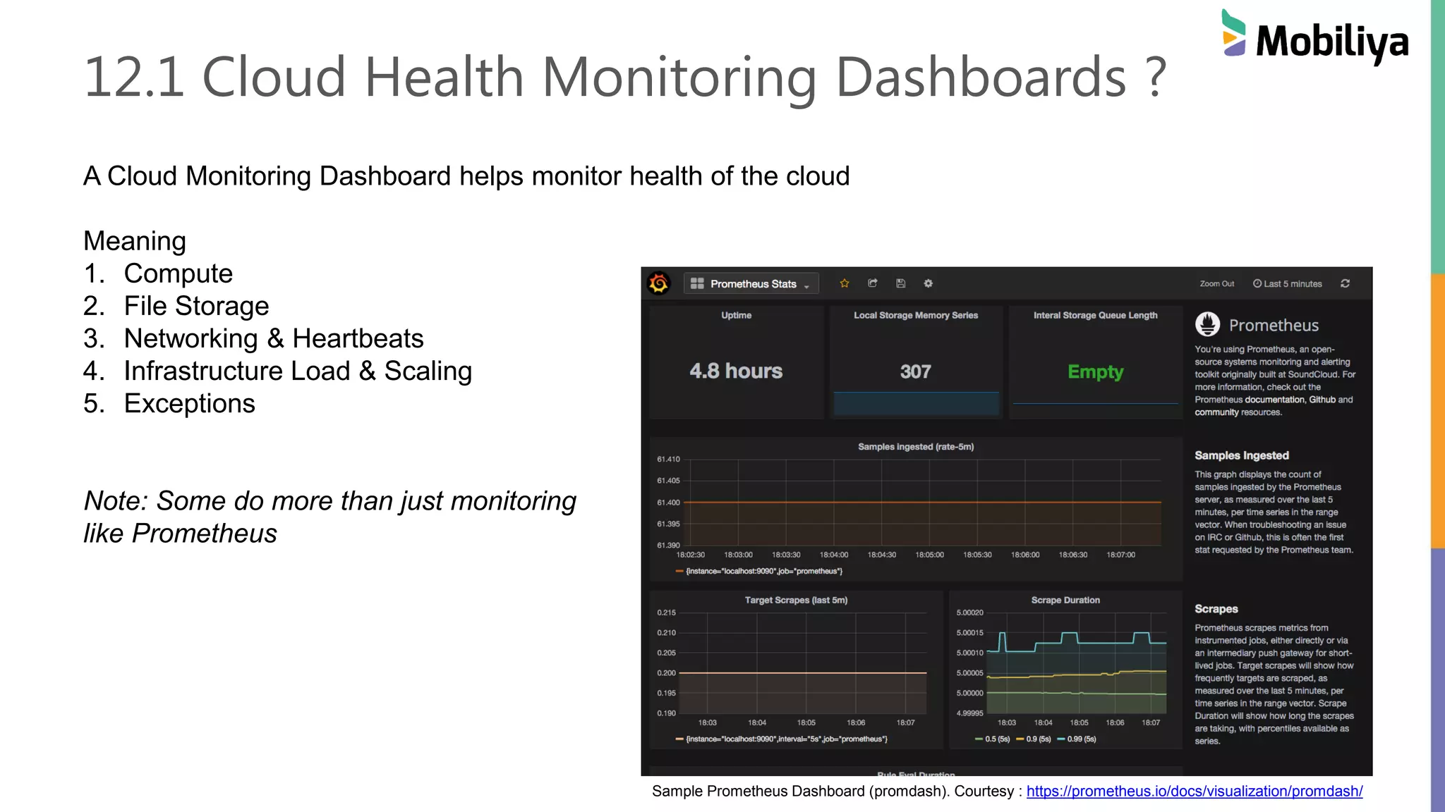 12.1 Cloud Health Monitoring Dashboards ?
A Cloud Monitoring Dashboard helps monitor health of the cloud
Meaning
1. Compute
2. File Storage
3. Networking & Heartbeats
4. Infrastructure Load & Scaling
5. Exceptions
Note: Some do more than just monitoring
like Prometheus
Sample Prometheus Dashboard (promdash). Courtesy : https://prometheus.io/docs/visualization/promdash/
 