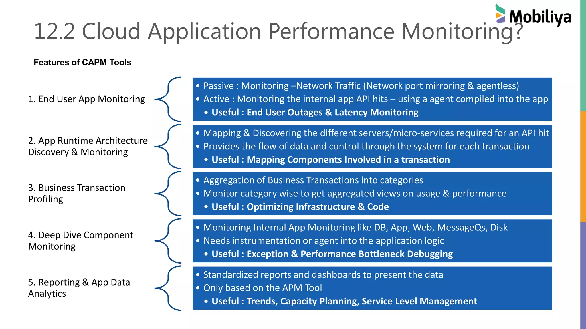 12.2 Cloud Application Performance Monitoring?
1. End User App Monitoring
• Passive : Monitoring –Network Traffic (Network port mirroring & agentless)
• Active : Monitoring the internal app API hits – using a agent compiled into the app
• Useful : End User Outages & Latency Monitoring
2. App Runtime Architecture
Discovery & Monitoring
• Mapping & Discovering the different servers/micro-services required for an API hit
• Provides the flow of data and control through the system for each transaction
• Useful : Mapping Components Involved in a transaction
3. Business Transaction
Profiling
• Aggregation of Business Transactions into categories
• Monitor category wise to get aggregated views on usage & performance
• Useful : Optimizing Infrastructure & Code
4. Deep Dive Component
Monitoring
• Monitoring Internal App Monitoring like DB, App, Web, MessageQs, Disk
• Needs instrumentation or agent into the application logic
• Useful : Exception & Performance Bottleneck Debugging
5. Reporting & App Data
Analytics
• Standardized reports and dashboards to present the data
• Only based on the APM Tool
• Useful : Trends, Capacity Planning, Service Level Management
Features of CAPM Tools
 