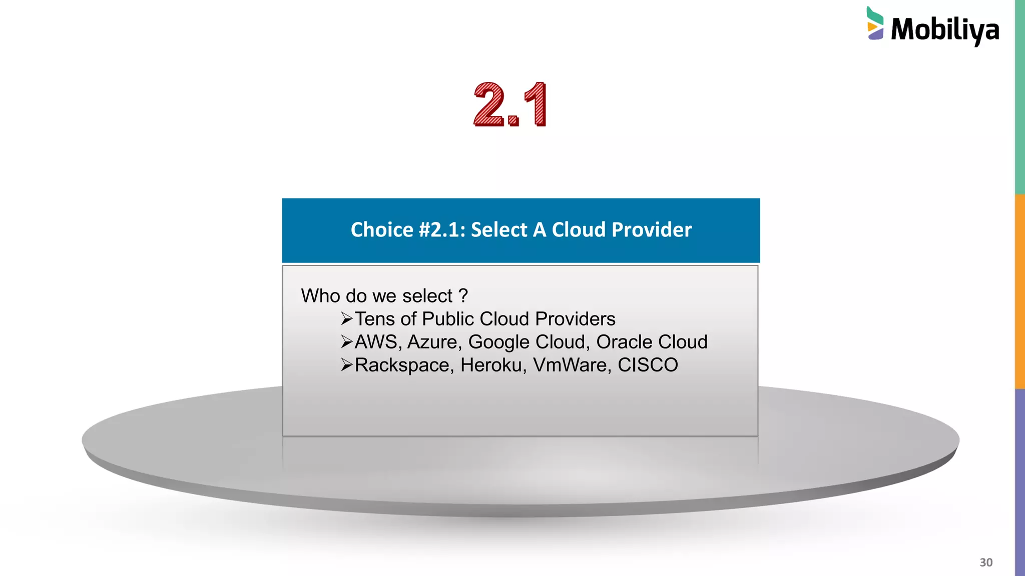 30
Choice #2.1: Select A Cloud Provider
Who do we select ?
Tens of Public Cloud Providers
AWS, Azure, Google Cloud, Oracle Cloud
Rackspace, Heroku, VmWare, CISCO
 