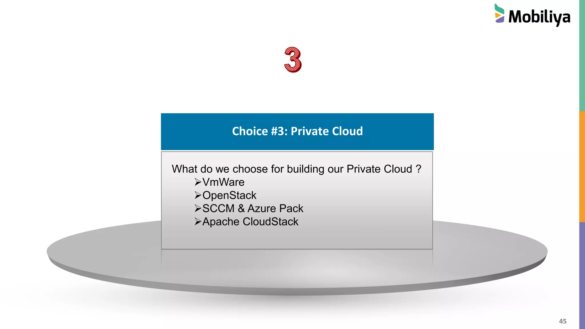 45
Choice #1 : Cloud Hosting
Choice #3: Private Cloud
What do we choose for building our Private Cloud ?
VmWare
OpenStack
SCCM & Azure Pack
Apache CloudStack
 
