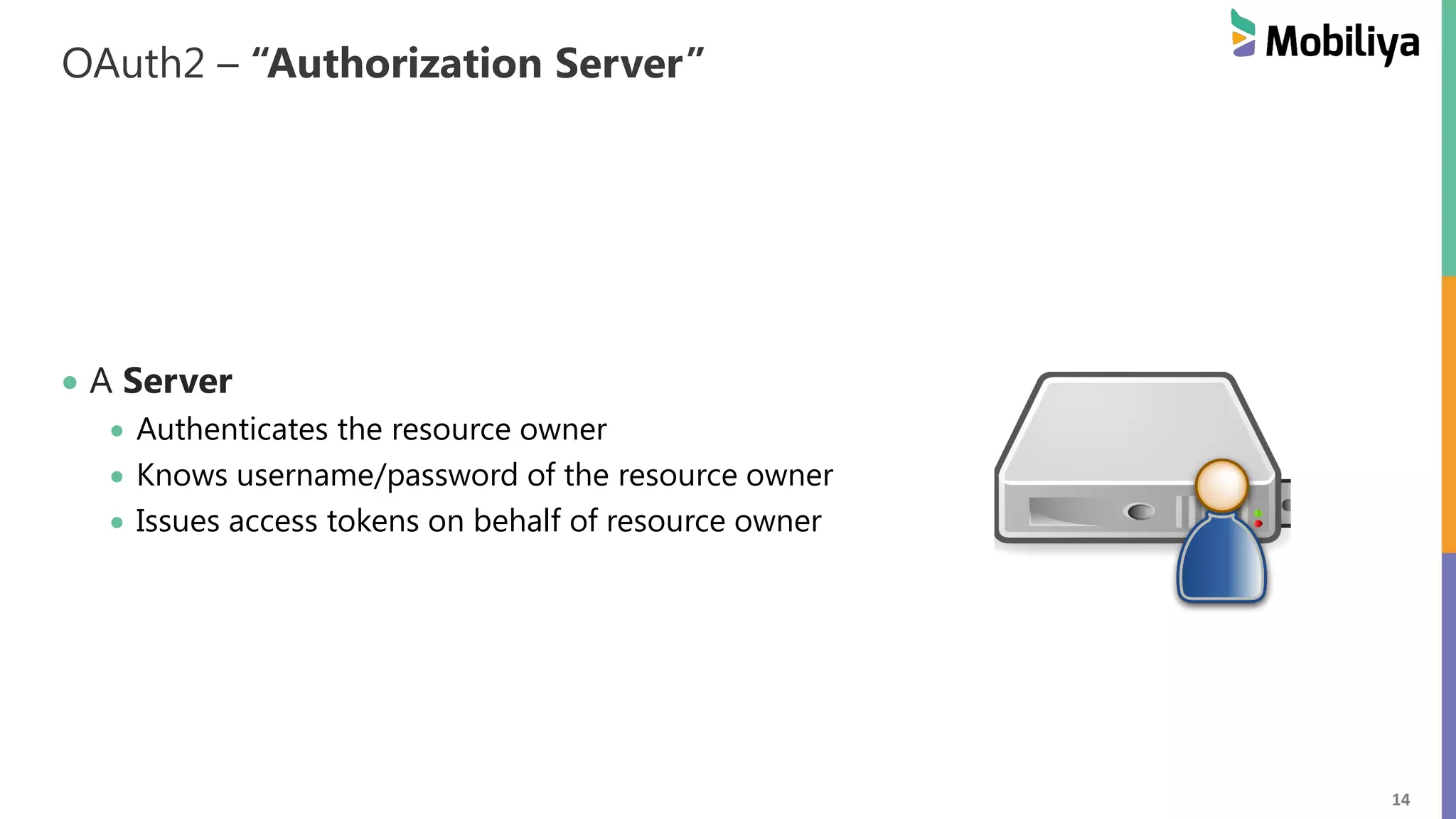 14 OAuth2 – “Authorization Server” A Server Authenticates the resource owner Knows username/password of the resource owner Issues access tokens on behalf of resource owner 