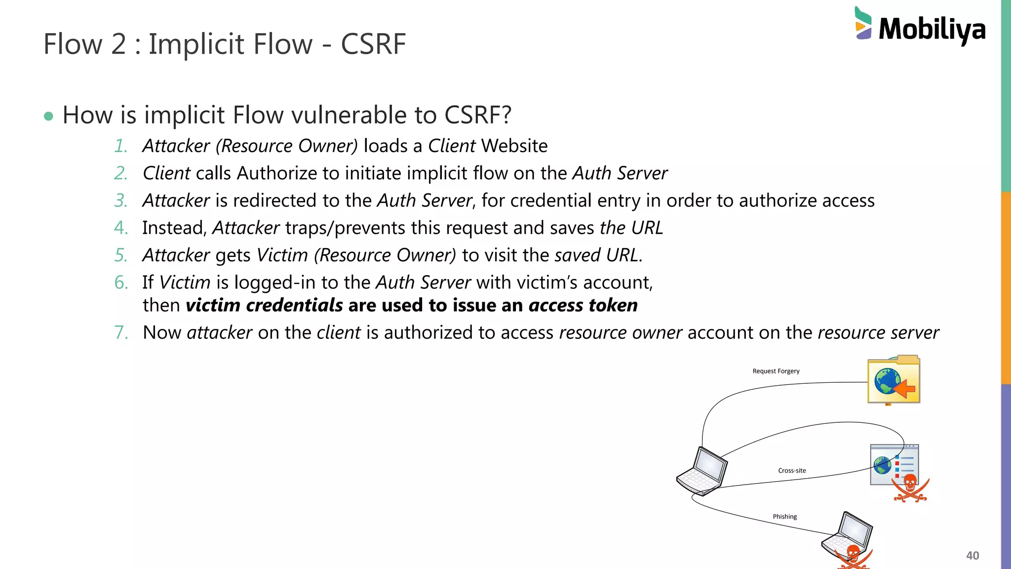40 Flow 2 : Implicit Flow - CSRF How is implicit Flow vulnerable to CSRF? 1. Attacker (Resource Owner) loads a Client Website 2. Client calls Authorize to initiate implicit flow on the Auth Server 3. Attacker is redirected to the Auth Server, for credential entry in order to authorize access 4. Instead, Attacker traps/prevents this request and saves the URL 5. Attacker gets Victim (Resource Owner) to visit the saved URL. 6. If Victim is logged-in to the Auth Server with victim’s account, then victim credentials are used to issue an access token 7. Now attacker on the client is authorized to access resource owner account on the resource server Phishing Cross-site Request Forgery 