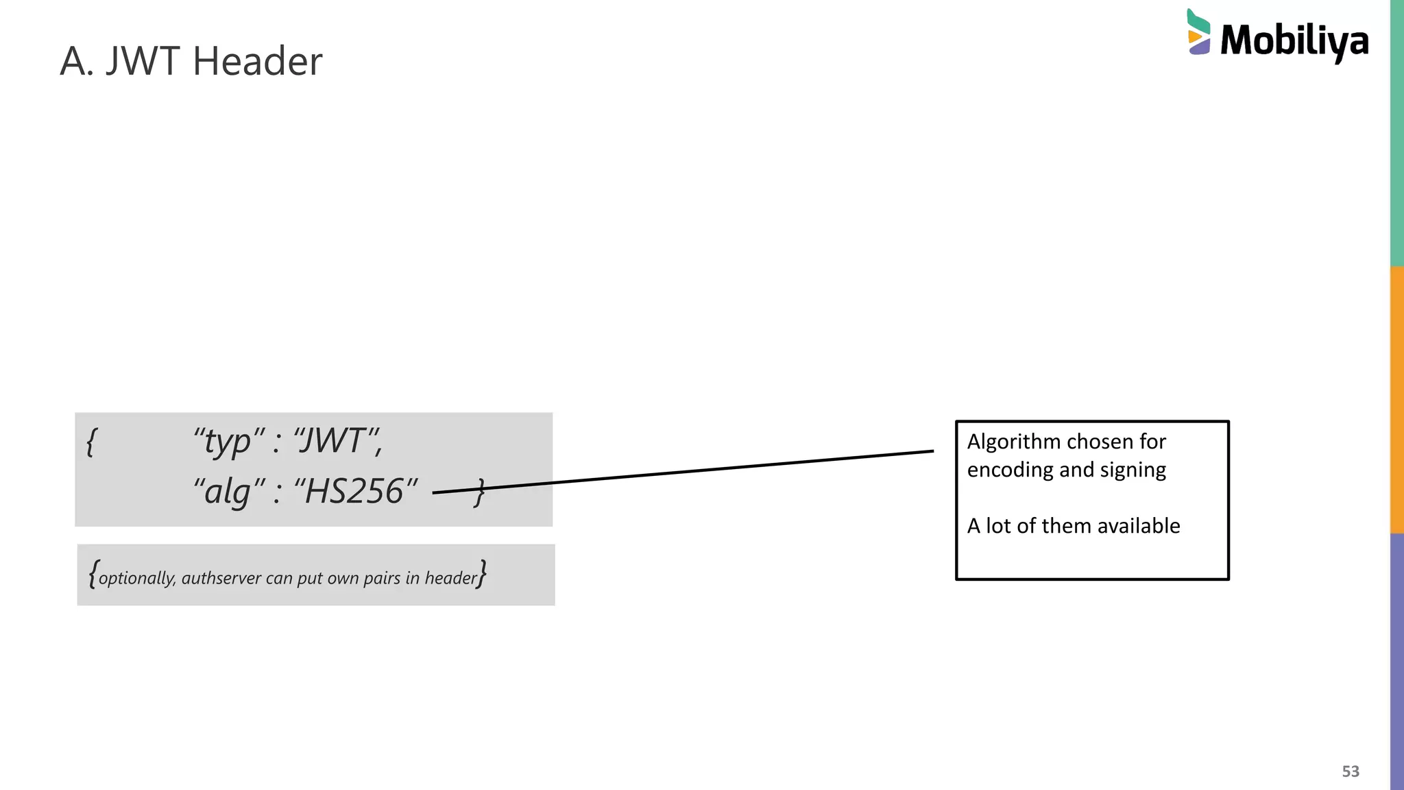 53 A. JWT Header { “typ” : “JWT”, “alg” : “HS256” } Algorithm chosen for encoding and signing A lot of them available {optionally, authserver can put own pairs in header} 