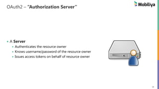 14
OAuth2 – “Authorization Server”
A Server
Authenticates the resource owner
Knows username/password of the resource owner
Issues access tokens on behalf of resource owner
 