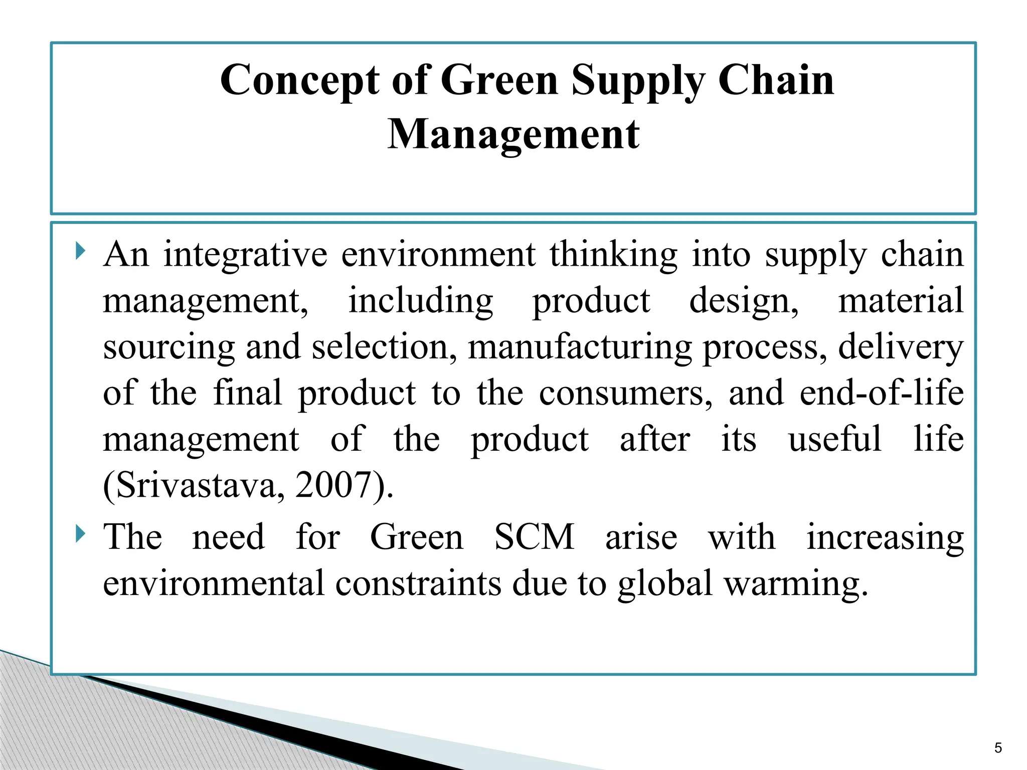 5
 An integrative environment thinking into supply chain
management, including product design, material
sourcing and selection, manufacturing process, delivery
of the final product to the consumers, and end-of-life
management of the product after its useful life
(Srivastava, 2007).
 The need for Green SCM arise with increasing
environmental constraints due to global warming.
Concept of Green Supply Chain
Management
 