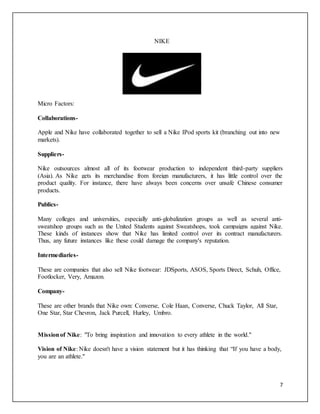 7
NIKE
Micro Factors:
Collaborations-
Apple and Nike have collaborated together to sell a Nike IPod sports kit (branching out into new
markets).
Suppliers-
Nike outsources almost all of its footwear production to independent third-party suppliers
(Asia). As Nike gets its merchandise from foreign manufacturers, it has little control over the
product quality. For instance, there have always been concerns over unsafe Chinese consumer
products.
Publics-
Many colleges and universities, especially anti-globalization groups as well as several anti-
sweatshop groups such as the United Students against Sweatshops, took campaigns against Nike.
These kinds of instances show that Nike has limited control over its contract manufacturers.
Thus, any future instances like these could damage the company's reputation.
Intermediaries-
These are companies that also sell Nike footwear: JDSports, ASOS, Sports Direct, Schuh, Office,
Footlocker, Very, Amazon.
Company-
These are other brands that Nike own: Converse, Cole Haan, Converse, Chuck Taylor, All Star,
One Star, Star Chevron, Jack Purcell, Hurley, Umbro.
Missionof Nike: "To bring inspiration and innovation to every athlete in the world."
Vision of Nike: Nike doesn't have a vision statement but it has thinking that “If you have a body,
you are an athlete."
 