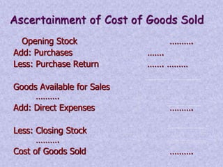 Ascertainment of Cost of Goods Sold 
Opening Stock ………. 
Add: Purchases ……. 
Less: Purchase Return ……. ……… 
Goods Available for Sales 
………. 
Add: Direct Expenses ………. 
Less: Closing Stock 
………. 
Cost of Goods Sold ………. 
 