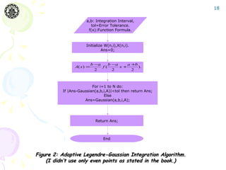 18

                      a,b: Integration Interval,
                        tol=Error Tolerance.
                       f(x):Function Formula.



                      Initialize W(n,i),X(n,i).
                               Ans=0;


                           b −a    b −a    a +b
                A( x ) =        f(      x+      ).
                             2       2       2



                         For i=1 to N do:
          If |Ans-Gaussian(a,b,i,A)|<tol then return Ans;
                               Else
                     Ans=Gaussian(a,b,i,A);




                             Return Ans;



                                End



Figure 2: Adaptive Legendre-Gaussian Integration Algorithm.
    (I didn’t use only even points as stated in the book.)
 