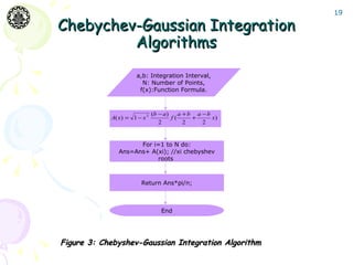 19

Chebychev-Gaussian Integration
         Algorithms
                      a,b: Integration Interval,
                        N: Number of Points,
                       f(x):Function Formula.



                              (b − a )    a +b a −b
            A( x) = 1 − x 2            f(     +     x)
                                 2          2    2


                     For i=1 to N do:
               Ans=Ans+ A(xi); //xi chebyshev
                          roots



                        Return Ans*pi/n;



                                 End




Figure 3: Chebyshev-Gaussian Integration Algorithm
 