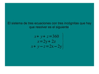 El sistema de tres ecuaciones con tres incógnitas que hay
               que resolver es el siguiente:




                                     }
                 x+ y+ z=360
                   x=2y+ 2z
                x+ y− z=2x−2y
 