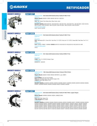 94 GAUSS Catálogo de Produtos - 24 - Retificador
RETIFICADOR
ELÉTRICARETIFICADOR
MAGNETI MARELLI GA1301
ESPECIFICAÇÕES: 85A, Diodos 6x35A Avalanche (Zener), Parafuso B+ M8, Ø 111mm
SUBSTITUI:
Magneti Marelli: 63623301, RDD35, 6362350, 636 233 01, 636 235 01.
APLICAÇÃO:
FIAT: Pálio, Tempra, Punto, Marea, Bravo, Brava, Scudo, Lancia
ALTERNADOR:
MAGNETI MARELLI:0633 2020 3010, 0633 2020 04010, 0633 2020 19010, 0633 2020 27010, 0633 2020 38010, 0633 2120 0010,
0633 2120 04010, 0633 2120 05010, 0633 2120 33010, 0633 2120 34010, 0633 2120 35010, 0633 2120 52010
CONJUNTO REGULADOR:
GA121 / GA122 / GA122R
MAGNETI MARELLI GA1302
ESPECIFICAÇÕES: 85A, Diodos 6x35A Avalanche (Zener), Parafuso B+ M8, Ø 111mm
SUBSTITUI:
...
APLICAÇÃO:
FIAT: Idea Atractive 2011, Fiorino 2014, Novo Palio 1.0 /1.4 2012, Novo Uno 1.0 /1.4 2012, Strada 2009, Palio /Siena Fire 1.0 /1.4
2009
ALTERNADOR:
FIAT: 51876424, 51848611, 518469540; DENSO: MS101210-1360, MS101210-1590, MS101210-1620, MS101210-1600
CONJUNTO REGULADOR:
GA129
MAGNETI MARELLI GA1303
ESPECIFICAÇÕES: 85A , Diodos 6x35A Avalanche (Zener), Parafuso B+M6, Ø 111mm
SUBSTITUI:
...
APLICAÇÃO:
FORD: Focus 1.8, 2.0 0005, EcoSport, Fiesta
ALTERNADOR:
85582601010 , 63341678
MAGNETI MARELLI GA1306
ESPECIFICAÇÕES: 120A, Diodos 6x50A Avalanche (Zener), Parafuso B+ M8, Ø 120mm
SUBSTITUI:
Magneti Marelli: 63624201, RDD42, RDD42A, RDD760724; Lucas: UBB814
APLICAÇÃO:
ALFA ROMEO: 145, 146, 155, GTV Spider;
FIAT: Bravo, Barchetta, Marea, Palio, Punto 90, Ducato 1.9TD;
LANCIA: Nueva, Delta, Dedra K 2.4TD.
ALTERNADOR:
MAGNETI MARELLI: 63320333, 63320304, 63320332, 63320286, 63320277, 63320280, 63320348, 63320339, 63320338, 63320256,
63320341, 63320298, 63320303, 63320340, 63320296, 63320279, 63320283, 63320292;
MAGNETI MARELLI GA1307
ESPECIFICAÇÕES: 85A, Diodos 6x35A Avalanche (Zener), Parafuso B+ M6, Ø 105mm, Ligação Triângulo
SUBSTITUI:
Magneti Marelli: 54209382, 63320303, 54209741, 00084574, 84574
APLICAÇÃO:
FIAT: Punto, Palio, Tempra, Tipo;
LAND ROVER: 820 2.0 Diesel
ALTERNADOR:
MAGNETI MARELLI: 63320283, 63320292, 63320333, 63320304, 63320332, 63320286, 63320277, 63320280, 63320348, 63320339,
63320338, 63320256, 63320341, 63320298, 63320303, 63320340, 63320296, 63320279; 54022238, 54022437, 54022453, 54022458,
54022459, 54022469, 54022470, 54022510, 54022527, 54022536, 54022547, 54022591, 54022592, 54022606, 54022631, 54022633,
54022646, 54022647, 54022651, 54022656, 63320235, 63320303, 63320312, 63320313, 63320314, 63321227, 63321229, 63321231,
63321232, 63321237, 63321241, 63321245, 63321246, 63321253, 63321285, 63321299, 63321313, 63321324, 63321343, 63321358,
63321397, 63321405, 63321406, 63321412, 63321422, 63324235, 63324271, 63324320, 63324322, 63324332, 63324380, 63324390
 