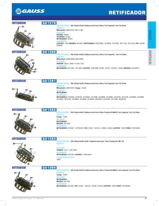 99GAUSS Catálogo de Produtos - 24 - Retificador
RETIFICADOR
ELÉTRICARETIFICADOR
MITSUBISHI GA1379
ESPECIFICAÇÕES: 85A, Diodos 8x35A, Distância entre furos: 85mm, Com Capacitor, Com Trio Diodo
SUBSTITUI:
Mitsubishi: A860T23270, MD 611 586
APLICAÇÃO:
DODGE: Stealth;
HYUNDAI: Sonata;
MITSUBISHI: 3000GT
ALTERNADOR:
LESTER: 13352; MANDO: AB190012; MITSUBISHI: A003T00692, A3T00692, A3T04292, MD112323, MD112323; PIC: 203384,
203384A
MITSUBISHI GA1380
ESPECIFICAÇÕES: 95A, Diodos 8x35A, Distância entre furos: 85mm, Com Capacitor , Com Trio Diodo
SUBSTITUI:
Mitsubishi: A860X29999, A860T29999
APLICAÇÃO:
NISSAN: Stanza, 200SX 1.8 Dohc Turbo
ALTERNADOR:
MITSUBISHI: A2T13894, A2T14694; LESTER: 13286; PIC: 203292, 203310, 203322D, 203364; NISSAN: 2310035F10
MITSUBISHI GA1381
ESPECIFICAÇÕES: 85A, Diodos 6x35A, Distância entre furos: 85mm, Com Capacitor, Com Trio Diodo
SUBSTITUI:
Mitsubishi: A860T29370; Cargo: 135229
APLICAÇÃO:
MITSUBISHI
ALTERNADOR:
MITSUBISHI: A4T58289, A4T58799, A4T59086, A4T75589, A4T58686, A4T58986, A4T59199, A6T55186, A4T58689, A4T58989,
A4T59786, A6T55189, A4T58699, A4T58999, A4T66486, ME060076, A4T58786, A4T75586, ME090198
MITSUBISHI GA1382
ESPECIFICAÇÕES: 85A, Diodos 6x35A, Distância entre furos: 85mm, Parafuso B+M8x25, Com Capacitor, Com Trio Diodo
SUBSTITUI:
Cargo: 137861
APLICAÇÃO:
MITSUBISHI;
MAZDA: 626, MX6
ALTERNADOR:
MITSUBISHI: A2T20091, A2T20091ZC; PIC: 203341, 203341A, 203356, 203442; LESTER: 13299; FORD: F2F818300B
MITSUBISHI GA1383
ESPECIFICAÇÕES: 95A, Diodos 8x35A 8x35A . Distância entre furos: 75mm. Parafuso B+ M6 x 20
SUBSTITUI:
...
APLICAÇÃO:
HONDA: Civic 1.7 2001-2004
ALTERNADOR:
MITSUBISHI: A5TA7091; HONDA: 31100PLMA01
CONJUNTO REGULADOR:
GA837
MITSUBISHI GA1384
ESPECIFICAÇÕES: 85A, Diodos 8x35A, Distância entre furos: 85mm, Parafuso:B+M8x25, Com Capacitor, Com Trio Diodo
SUBSTITUI:
Cargo: 137861
APLICAÇÃO:
MITSUBISHI;
MAZDA: 626, MX6
ALTERNADOR:
MITSUBISHI: A2T20091; PIC: 203341, 203341A, 203356, 203442; LESTER: 13299; FORD: F2F818300B
 