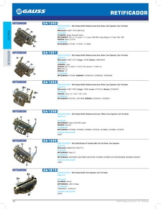 102 GAUSS Catálogo de Produtos - 24 - Retificador
RETIFICADOR
ELÉTRICARETIFICADOR
MITSUBISHI GA1360
ESPECIFICAÇÕES: 85A, Diodos 6x35A, Distância entre furos: 65mm, Com Capacitor, Com Trio Diodo
SUBSTITUI:
Mitsubishi: A 860 T 16770, MD611254
APLICAÇÃO:
HYUNDAI: Mirage, Plymouth Champ;
MITSUBISHI: Colt 1.2, 1.5, Lancer .2, 1.5, Lancer 1800 4WD, Space Wagnon1.8, Tredia 1500, 1600;
NISSAN: Micra 1.2 87-92
ALTERNADOR:
MITSUBISHI: A1T01991, A1T40791, A1T40891
MITSUBISHI GA1361
ESPECIFICAÇÕES: 85A, Diodos 6x35A, Distância entre furos: 65mm, Com Capacitor, Com Trio Diodo
SUBSTITUI:
Mitsubishi: A 860 T 22770; Cargo: 132789; Subaru: 23830-KA070
APLICAÇÃO:
SUBARU: Justy;
SUZUKI: Alto 1.0, Swift 1.0, 1.03 GTi 16V, Samurai 1.3, Vitara 1.6i;
KIA: Pride 1.3;
MAZDA: 121
ALTERNADOR:
MITSUBISHI: A1T02592; SUBARU: 23700KA190, 23700KA240, 23700KA360
MITSUBISHI GA1363
ESPECIFICAÇÕES: 85A, Diodos 6x35A, Distância entre furos: 65mm, Com Capacitor, Com Trio Diodo
SUBSTITUI:
Mitsubishi: A 860 T 20570; Cargo: 133263; Lucas: 21513131m; Nissan: 2312453A10
APLICAÇÃO:
NISSAN: Sunny 1.0, 1.3 8V, 1.5 8V, 1.6 8V
ALTERNADOR:
MITSUBISHI: A5T41592, A5T41592B; NISSAN: 2310053A10, 2310053A11
MITSUBISHI GA1398
ESPECIFICAÇÕES: 95A, Diodos 6x35A, Distância entre furos: 100mm, Com Capacitor, Com Trio Diodo
SUBSTITUI:
...
APLICAÇÃO:
MITSUBISHI: Pajero 2.8D 94-98, Canter;
NISSAN: King Van
ALTERNADOR:
MITSUBISHI: A2TA3098, A3TA3098, A3TA6098, A3TO9199, A3TO9698, A3TO9699, A3TO9799
CONJUNTO REGULADOR:
GA857
MITSUBISHI GA1399
ESPECIFICAÇÕES: 95A, 8x35A Diodos, B+ Parafuso M8, Com Trio Diodo, Com Capacitor
SUBSTITUI:
Mitsubishi: A860X47070, ME701716
APLICAÇÃO:
MITSUBISHI: Pajero 3.2
ALTERNADOR:
MITSUBISHI: A003T08699, A003T09699, A003TB1299, A3T08699, A3T09699, A3TB1299 ME200696, ME200698, ME202971
CONJUNTO REGULADOR:
GA857
MITSUBISHI GA1879
ESPECIFICAÇÕES: 85A, Diodos 6x35A. Com Capacitor, Com Trio Diodo
SUBSTITUI:
...
APLICAÇÃO:
HYUNDAI: HR 92;
MITSUBISHI: L200 2.2 Diesel
ALTERNADOR:
TA000A64201, 37300-42711
CONJUNTO REGULADOR:
GA979
 