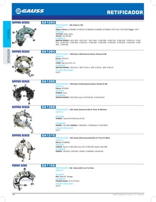 104 GAUSS Catálogo de Produtos - 24 - Retificador
RETIFICADOR
ELÉTRICARETIFICADOR
NIPPON DENSO GA1254
ESPECIFICAÇÕES: 95A, Diodos 8 x 50A
SUBSTITUI:
Nippon Denso: 0215803640, 0215804120, 0215804490, 0215804660, 0215804840, 2735774120, 2735774290; Cargo: 135417
APLICAÇÃO:
TOYOTA: Celica, Carina;
VOLVO: 740, 940, 960
ALTERNADOR:
NIPPON DENSO: 100211-8370, 100211-8371, 100211-8590, 121000-3000, 121000-3100, 121000-3300, 121000-3310, 121000-
3330, 121000-3340, 121000-3360, 121000-3370, 121000-3380, 121000-3390, 121000-3400, 121000-3430, 121000-3440, 121000-
3450, 121000-3452
NIPPON DENSO GA1304
ESPECIFICAÇÕES: 120A Diodos 7x50A Avalanche (Zener), Parafuso B+ M8
SUBSTITUI:
Denso: RTF40172
APLICAÇÃO:
FORD: New Focus TDCi / 2.0
ALTERNADOR:
NIPPON DENSO: 104210-3513, 3M5T 10 300 LD, 3M5T 10 300 XD, 3M5T 10 300 VD
CONJUNTO REGULADOR:
GA130
NIPPON DENSO GA1305
ESPECIFICAÇÕES: 120A Diodos 12x35A Avalanche (Zener), Parafuso B+ M8
SUBSTITUI:
Denso: RTF39240;
APLICAÇÃO:
HONDA: Acura
ALTERNADOR:
NIPPON DENSO: 104210-309; Honda: 31100-PGK-A01, 31100-PGK-A03
NIPPON DENSO GA1308
ESPECIFICAÇÕES: 120A, Diodos Avalanche 6-50A, Ø 113mm, B+ M6×33mm
SUBSTITUI:
...
APLICAÇÃO:
HONDA: Toyota Hilux Pit Bull Acura (01-04)
ALTERNADOR:
DENSO: 104210309; HONDA: 31100PGKA01, 31100PGKA03, TG1042109010
CONJUNTO REGULADOR:
GA141
NIPPON DENSO GA1315
ESPECIFICAÇÕES: 120A, Diodos 6-50A Avalanche(20-24V), Ø 117mm, B+ M6mm
SUBSTITUI:
Denso: 0215806490
APLICAÇÃO:
HONDA: Accord 2.4 2004-2005, Acura TSX 2.4 2004-2005, Element 2003-2006
ALTERNADOR:
DENSO: 104210329, 1042103291; HODNA: 31100RAAA01, A03 A04 A05
POONG SUNG GA1126
ESPECIFICAÇÕES: 85A , Diodos 6x35A, Com Trio Diodo
SUBSTITUI:
...
APLICAÇÃO:
KIA: Besta 95, Sportage
ALTERNADOR:
POONG SUNG: OK 74 018 300 H.
CONJUNTO REGULADOR:
GA125
 