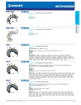 105GAUSS Catálogo de Produtos - 24 - Retificador
RETIFICADOR
ELÉTRICARETIFICADOR
POONG SUNG GA1135
ESPECIFICAÇÕES: 100A, Diodos 6x50A. Com Trio Diodo, Ø 118mm
SUBSTITUI:
-
APLICAÇÃO:
KIA: Besta, Bongo
ALTERNADOR:
-
POONG SUNG GA1134
ESPECIFICAÇÕES: 90A, Diodos 6x35A, Com Trio Diodo, Ø 111mm
SUBSTITUI:
-
APLICAÇÃO:
KIA: Sportage, Tucson 95
ALTERNADOR:
-
VALEO GA1450
ESPECIFICAÇÕES: 85A, Diodos 6x35A, Com Capacitor
SUBSTITUI:
Valeo Paris Rhone: 100157; Valeo: NC133, NC216
APLICAÇÃO:
RENAULT: Alliance, 1.8i Fuego, Espace 2.1 td, R21 td, GTD, R25 Turbo d, DX R20 td, GTD, R19 1.8i ;
PEUGEOT;
EAGLE
ALTERNADOR:
PARIS RHONE: A13N18432737, A13N19432736, A13N106432716, A13N113432734, A13N114432726, A13N116180576,
A13N120433042, A13N173433121, A13R258101988, A14N1100108, A14N2100151, A14N 9100483, A14N10101473, A14N22101111,
A14N35432781, A14N36432782 A14N42102963, A14N51432785, A14N55104084, A14N56106843, A14N59102592, A14N60105118,
A14N63432789, A14N65104643, A14N77432802, A14N82105763, A14N84105764, A14N4150433132, 71651802, 71651902, 71635102,
71635602, 71635902, 71636102, 71652402, 71652602, 71650002, 71650402, 71650802, 71770102, 71770202
VALEO GA1451
ESPECIFICAÇÕES: 85A, Diodos 6x35A, Com Trio Diodo e Capacitor
SUBSTITUI:
Valeo Paris Rhone: 103556, 103551, 181155; Valeo: A523726A, NC 135, NC 730, 593188, 593195, 593199; Cargo: 131701;
Lucas: 21225389, UBB 235, UBB255; Magneti Marelli: 940 038 305
APLICAÇÃO:
VOLVO: Penta;
PEUGEOT;
RENAULT: Espace 2.1 td, R21 td, GTD, R25 turbo d, DX R20 td, GTD, R19 1.8i
ALTERNADOR:
VALEO: A12N2M, A13N1M100605, A13N2M100606, 208121, 208124, 208399, 204401, 208402, 100605, 100606, 100879, 101218,
101822, 101823, 102341, 102794, 103141, 2102341, 2102794, 2181693, 2181695, 2181757, 2181760, 2181762, 2541133, 2541191,
2541199, 2541208, 2541218, 2541768, 2541773, 436352, 592769, 592775, A13N28M102794, A13N33M103233, A13N34104551,
A13N35M103141, A13N35M103141, A13N36M100879, A13N5101823, A14N118M181991, A14N119M180620, A14N122N2518061,
A14N137M592775, A13N165, A13N186M, A13N190, A13N281, A13N282, A14N114T, A14N115M, A14N116M, A14N137, A14N177M,
A14N206M, A14N43M, A14N44M
VALEO GA1452
ESPECIFICAÇÕES: 120A, Diodos 6x50A, Com Capacitor
SUBSTITUI:
Valeo: 100175, 101217, 101759, 103539, 103570, 103576, 104292, 105135, 105629, NC139, NC936; Cargo: 133689;
Lucas: 21225388; Magneti Marelli: 940 038 309
APLICAÇÃO:
AMC;
RENAULT: R18 R20, Trafic, Fuego, RM, R9 GTX, Espace 2.0;
PEUGEOT: 204, 304, 504, 604, J7
ALTERNADOR:
VALEO: 100108, 2105311, 432716, A13N62, 100151, 2105369, 432724, A13N82, 100483, 2105448, 432726, A13N84, 100735,
2105626, 432736, A13N87, 101111, 2105654, 432738, A13N91, 101373, 2105678, 432757, A13N92, 101473, 2105763, 432781,
A13NN82, 101728, 2105764, 432782, A13R258, 101988, 2106073, 432785, A14N1, 102592, 2180576, 432789, A14N10, 102963,
2180579, 432793, A14N101, 104084, 2180594, 432802, A14N102, 104643, 2180674, 432812, A14N103, 105118, 2180788, 433449,
A14N113, 105243, 2180789, 433450
 