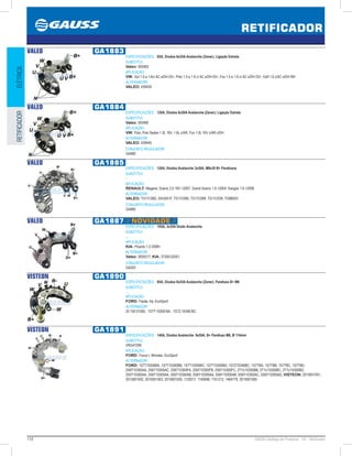 112 GAUSS Catálogo de Produtos - 24 - Retificador
RETIFICADOR
ELÉTRICARETIFICADOR
VALEO GA1883
ESPECIFICAÇÕES: 85A, Diodos 6x35A Avalanche (Zener), Ligação Estrela
SUBSTITUI:
Valeo: 593483
APLICAÇÃO:
VW: Gol 1.0 e 1.6c/ AC s/DH 03, Polo 1.0 e 1.6 c/ AC s/DH 03, Fox 1.0 e 1.6 c/ AC s/DH 03, Golf 1.6 c/AC s/DH 99
ALTERNADOR:
VALEO: 439439
VALEO GA1884
ESPECIFICAÇÕES: 120A, Diodos 6x50A Avalanche (Zener), Ligação Estrela
SUBSTITUI:
Valeo: 593482
APLICAÇÃO:
VW: Polo, Polo Sedan 1.0L 16V, 1.6L c/AR, Fox 1.0L 16V c/AR c/DH
ALTERNADOR:
VALEO: 439445
CONJUNTO REGULADOR:
GA980
VALEO GA1885
ESPECIFICAÇÕES: 120A, Diodos Avalanche 3x50A, M8x30 B+ Parafusos
SUBSTITUI:
-
APLICAÇÃO:
RENAULT: Megane, Scenic 2.0 16V 2007, Grand Scenic 1.6 2004, Kangoo 1.6 2008
ALTERNADOR:
VALEO: TG11C060, 2543551F, TG11C065, TG11C069, TG11C039, TG9B053
CONJUNTO REGULADOR:
GA985
VALEO GA1887 // NOVIDADE //
ESPECIFICAÇÕES: 105A, 3x35A Diodo Avalanche
SUBSTITUI:
...
APLICAÇÃO:
KIA: Picanto 1.0 2008
ALTERNADOR:
Valeo: 2655517; KIA: 37300-02551
CONJUNTO REGULADOR:
GA293
VISTEON GA1890
ESPECIFICAÇÕES: 95A, Diodos 8x35A Avalanche (Zener), Parafuso B+ M6
SUBSTITUI:
...
APLICAÇÃO:
FORD: Fiesta, Ka, EcoSport
ALTERNADOR:
20 150 01005, 1S7T-10300-BA, 1S7Z-10346-BC
VISTEON GA1891
ESPECIFICAÇÕES: 140A, Diodos Avalanche 8x50A, B+ Parafuso M6, Ø 114mm
SUBSTITUI:
VRG47269
APLICAÇÃO:
FORD: Focus I, Mondeo, EcoSport
ALTERNADOR:
FORD: 1S7T10300BA, 1S7T10300BB, 1S7T10300BC, 1S7T10300BD, 1S7Z10346BC, 1S7TBA, 1S7TBB, 1S7TBC, 1S7TBD,
2S6T10300AA, 2S6T10300AC, 2S6T10300FA, 2S6T10300FB, 2S6T10300FC, 2T1U10300BB, 2T1U10300BC, 2T1U10300BD,
3S5T10300AA, 3S6T10300AA, 3S6T10300AB, 5S6Y10300AA, 5S6Y10300AB, 5S6Y10300AC, 5S6Y10300AD; VISTEON: 2015001001,
2015001002, 2015001003, 2015001005, 1120211, 1140696, 1151212, 1464779, 2015001005
 