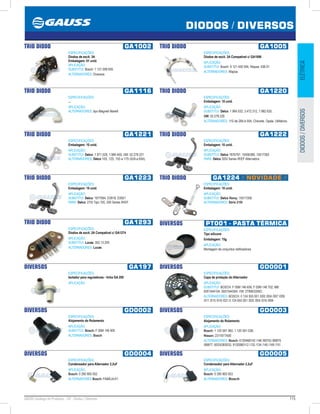 115GAUSS Catálogo de Produtos - 24 - Diodos / Diversos
DIODOS / DIVERSOS
ELÉTRICADIODOS/DIVERSOS
TRIO DIODO GA1002
ESPECIFICAÇÕES:
Diodos de excit. 3A
Embalagem: 01 unid.
APLICAÇÃO:
SUBSTITUI: Bosch: 1 121 099 005
ALTERNADORES: Diversos
TRIO DIODO GA1005
ESPECIFICAÇÕES:
Diodos de excit. 3A Compatível c/ GA1006
APLICAÇÃO:
SUBSTITUI: Bosch: 9 121 450 594, Wapsa: 436-01
ALTERNADORES: Wapsa
TRIO DIODO GA1116
ESPECIFICAÇÕES:
...
APLICAÇÃO:
ALTERNADORES: tipo Magneti Marelli
TRIO DIODO GA1220
ESPECIFICAÇÕES:
Embalagem: 10 unid.
APLICAÇÃO:
SUBSTITUI: Delco: 1.984.032, 3.472.312, 7.982.635;
GM: 52.278.220
ALTERNADORES: 11S de 28A à 55A, Chevete, Opala, Utilitários.
TRIO DIODO GA1221
ESPECIFICAÇÕES:
Embalagem: 10 unid.
APLICAÇÃO:
SUBSTITUI: Delco: 1.971.528, 1.984.459, GM: 52.278.221
ALTERNADORES: Delco 10S, 12S, 15S e 17S (42A a 65A).
TRIO DIODO GA1222
ESPECIFICAÇÕES:
Embalagem: 10 unid.
APLICAÇÃO:
SUBSTITUI: Delco 1876797, 10456389, 10517363
PARA: Delco 30SI Series IR/EF Alternators
TRIO DIODO GA1223
ESPECIFICAÇÕES:
Embalagem: 10 unid.
APLICAÇÃO:
SUBSTITUI: Delco: 1977064, D3918, D3921
PARA: Delco: 27SI Tipo 100, 200 Series IR/EF
TRIO DIODO GA1224 // NOVIDADE //
ESPECIFICAÇÕES:
Embalagem: 10 unid.
APLICAÇÃO:
SUBSTITUI: Delco Remy: 10517358
ALTERNADORES: Série 21SI
TRIO DIODO GA1293
ESPECIFICAÇÕES:
Diodos de excit. 2A Compatível c/ GA1274
APLICAÇÃO:
SUBSTITUI: Lucas: 352.13.293
ALTERNADORES: Lucas
DIVERSOS PT001 - PASTA TÉRMICA
ESPECIFICAÇÕES:
Tipo silicone
Embalagem: 15g
APLICAÇÃO:
Montagem de conjuntos retificadores
DIVERSOS GA197
ESPECIFICAÇÕES:
Isolador para reguladores - linha GA 200
APLICAÇÃO:
DIVERSOS GD0001
ESPECIFICAÇÕES:
Capa de protação do Alternador
APLICAÇÃO:
SUBSTITUI: BOSCH: F 00M 146 659, F 00M 146 702; MB:
0001544104, 0001544304; VW: 2TB903395C.
ALTERNADORES: BOSCH: 0 124 555 001 /002 /004 /007 /009
/011 /015 /016 /021.0 124 655 001 /002 /004 /016 /069
DIVERSOS GD0002
ESPECIFICAÇÕES:
Alojamento do Rolamento
APLICAÇÃO:
SUBSTITUI: Bosch: F 00M 146 900
ALTERNADORES: Bosch
DIVERSOS GD0003
ESPECIFICAÇÕES:
Alojamento do Rolamento
APLICAÇÃO:
Bosch: 1 120 591 060, 1 120 591 038;
Nissan: 2311877A00
ALTERNADORES: Bosch: 0120468142 /146 /89753 /89875
/89877, 6033GB3033, 9120080112 /132 /134 /140 /149 /151
DIVERSOS GD0004
ESPECIFICAÇÕES:
Condensador para Alternador 2,2uF
APLICAÇÃO:
Bosch: 0 290 800 052
ALTERNADORES Bosch: FAMÍLIA K1
DIVERSOS GD0005
ESPECIFICAÇÕES:
Condensador para Alternador 2,2uF
APLICAÇÃO:
Bosch: 0 290 800 053
ALTERNADORES: Bosch
 