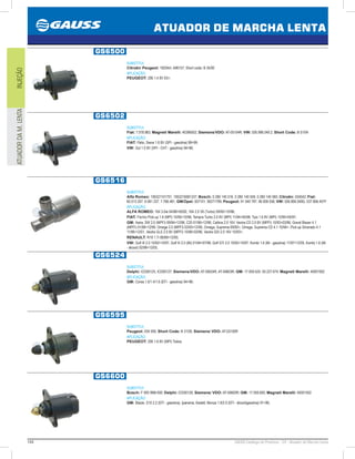 144 GAUSS Catálogo de Produtos - 24 - Atuador de Marcha Lenta
ATUADOR DE MARCHA LENTA
INJEÇÃOATUADORDAM.LENTA
GS6500
SUBSTITUI:
Citroën/ Peugeot: 1920AH, A96157; Short code: B 35/00
APLICAÇÃO:
PEUGEOT: 206 1.4 8V 03;
GS6502
SUBSTITUI:
Fiat: 7.078.983; Magneti Marelli: 40396502; Siemens/VDO: AT-05104R; VW: 026.998.049.2; Short Code: B 51/04
APLICAÇÃO:
FIAT: Palio, Siena 1.6 8V (SPI - gasolina) 9899;
VW: Gol 1.0 8V (SPI - CHT - gasolina) 9496;
GS6516
SUBSTITUI:
Alfa Romeo: 195321101701, 1953216081337; Bosch: 0 280 140 516, 0 280 140 559, 0 280 140 560; Citroën: 034542; Fiat:
60.513.207, 6.081.337, 7.766.481; GM/Opel: 837101, 90271799; Peugeot: 91 540 797, 96 008 036; VW: 026.906.049G, 037.906.457F
APLICAÇÃO:
ALFA ROMEO: 164 3.0ie 04/8809/92, 164 2.0 V6 (Turbo) 09/9210/98;
FIAT: Fiorino Pick-up 1.6 (MPI) 10/9510/96, Tempra Turbo 2.0 8V (MPI) 11/9405/98, Tipo 1.6 8V (MPI) 12/9505/97;
GM: Astra, SW 2.0 (MPFI) 09/9412/96, C20 01/9612/96, Calibra 2.0 16V, Vectra CD 2.0 8V (MPFI) 10/9303/96, Grand Blazer 4.1
(MPFI) 01/9812/99, Omega 2.0 (MPFI) 03/9312/95, Omega, Suprema 09/92, Omega, Suprema CD 4.1 10/94, Pick-up Silverado 4.1
11/9612/01, Vectra GLS 2.0 8V (MPFI) 10/9603/96, Vectra GSI 2.0 16V 10/93;
RENAULT: R19 1.7i 06/8912/95;
VW: Golf III 2.0 10/9210/97, Golf III 2.0 (Mi) 01/9407/98, Golf GTi 2.0 10/9210/97, Kombi 1.6 (Mi - gasolina) 11/9712/05, Kombi 1.6 (Mi
- álcool) 02/9812/05;
GS6524
SUBSTITUI:
Delphi: ICD00125, ICD00127; Siemens/VDO: AT-59524R, AT-59603R; GM: 17.059.524, 93.227.674; Magneti Marelli: 40001902
APLICAÇÃO:
GM: Corsa 1.0/1.4/1.6 (EFI - gasolina) 9496;
GS6595
SUBSTITUI:
Peugeot: 034 595; Short Code: B 31/00; Siemens/ VDO: AT-03100R
APLICAÇÃO:
PEUGEOT: 206 1.6 8V (MPI) Todos;
GS6600
SUBSTITUI:
Bosch: F 000 99M 600; Delphi: ICD00126; Siemens/ VDO: AT-59600R; GM: 17.059.600; Magneti Marelli: 40001502
APLICAÇÃO:
GM: Blazer, S10 2.2 (EFI - gasolina), Ipanema, Kadett, Monza 1.8/2.0 (EFI - álcool/gasolina) 9196;
 
