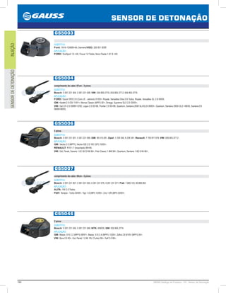 164 GAUSS Catálogo de Produtos - 24 - Sensor de Detonação
SENSOR DE DETONAÇÃO
INJEÇÃOSENSORDEDETONAÇÃO
GS5003
não especificado
SUBSTITUI:
Ford: 1N1A-12A699-AA; Siemens/VDO: 330 001 003R
APLICAÇÃO:
FORD: EcoSport 1.6 04, Focus 1.8 Todos, Novo Fiesta 1.0/1.6 04;
GS5004
comprimento do cabo: 67cm - 3 pinos
SUBSTITUI:
Bosch: 0 261 231 004, 0 261 231 038; VW: 034.905.377A, 053.905.377.2, 054.905.377A
APLICAÇÃO:
FORD: Escort XR3 2.0i (Com LE - Jetronic) 01/93, Royale, Versailles Ghia 2.0i Todos, Royale, Versailles GL 2.0i 09/93;
GM: Kadett 2.0 GSI 11/91, Monza Classic (MPFI) 92, Omega, Suprema GLS 2.0 03/93;
VW: Gol GTi 2.0 09/8812/92, Logus 2.0 9296, Pointer 2.0 9396, Quantum, Santana 2000 GLI/GLSI 09/93, Quantum, Santana 2000i GLS 08/93, Santana EX
08/8908/93;
GS5006
2 pinos
SUBSTITUI:
Bosch: 0 261 231 001, 0 261 231 006; GM: 90.510.281, Opel: 1 238 345, 6 238 341; Renault: 7 700 871 678; VW: 026.905.377.2
APLICAÇÃO:
GM: Vectra 2.0 (MPFI), Vectra GSI 2.0 16V (SFI) 10/93;
RENAULT: R19 1.7 (Importado) 8995;
VW: Gol, Parati, Saveiro 1.6/1.8/2.0 Mi 96, Polo Classic 1.8Mi 98, Quantum, Santana 1.8/2.0 Mi 96;
GS5007
comprimento do cabo: 50cm - 3 pinos
SUBSTITUI:
Bosch: 0 261 231 007, 0 261 231 033, 0 261 231 070, 0 261 231 071; Fiat: 7.669.123, 60.808.063
APLICAÇÃO:
ALFA: 164 3.0 Todos;
FIAT: Tempra - Turbo 04/94, Tipo 1.6 (MPI) 12/95, Uno 1.6R (MPI) 03/93;
GS5046
2 pinos
SUBSTITUI:
Bosch: 0 261 231 045, 0 261 231 046; NTK: KNE05; VW: 030.905.377A
APLICAÇÃO:
GM: Blazer, S10 2.2 (MPFI) 08/97, Blazer, S10 2.4 (MPFI) 12/00, Zafira 2.8 8/16V (MPFI) 04;
VW: Bora 2.0 00, Gol, Parati 1.0 Mi 16V (Turbo) 00, Golf 2.0 99;
 