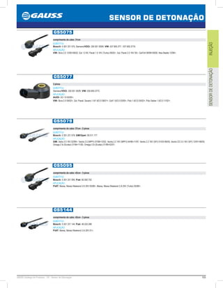 165GAUSS Catálogo de Produtos - 24 - Sensor de Detonação
SENSOR DE DETONAÇÃO
INJEÇÃOSENSORDEDETONAÇÃO
GS5075
comprimento do cabo: 31cm
SUBSTITUI:
Bosch: 0 261 231 075; Siemens/VDO: 330 001 005R; VW: 037.905.377, 037.905.377A
APLICAÇÃO:
VW: Bora 2.0 12/0008/02, Gol 1.0 8V, Parati 1.0 16V (Turbo) 06/02, Gol, Parati 2.0 16V 95, Golf A4 08/9909/00, New Beetle 12/99;
GS5077
2 pinos
SUBSTITUI:
Siemens/VDO: 330 001 002R; VW: 030.905.377C
APLICAÇÃO:
AUDI: A3 1.8 05/00;
VW: Bora 2.0 09/02, Gol, Parati, Saveiro 1.6/1.8/2.0 08/01, Golf 1.8/2.0 03/00, Polo 1.6/2.0 05/02, Polo Sedan 1.6/2.0 11/02;
GS5079
comprimento do cabo: 57cm - 2 pinos
SUBSTITUI:
Bosch: 0 261 231 079; GM/Opel: 90.511.177
APLICAÇÃO:
GM: Astra 2.0 16V 02/99, Vectra 2.0 (MPFI) 07/9812/02, Vectra 2.2 16V (MPFI) 04/9611/97, Vectra 2.2 16V (SFI) 01/0306/05, Vectra CD 2.0 16V (SFI) 12/9706/05,
Omega 2.5i (Ecotec) 01/9411/00, Omega 3.0i (Ecotec) 01/9902/01;
GS5095
comprimento do cabo: 42cm - 3 pinos
SUBSTITUI:
Bosch: 0 261 231 095; Fiat: 60.592.752
APLICAÇÃO:
FIAT: Marea, Marea Weekend 2.0i 20V 05/98, Marea, Marea Weekend 2.0i 20V (Turbo) 05/98;
GS5144
comprimento do cabo: 42cm - 3 pinos
SUBSTITUI:
Bosch: 0 261 231 144; Fiat: 46.525.288
APLICAÇÃO:
FIAT: Marea, Marea Weekend 2.4i 20V 01;
 