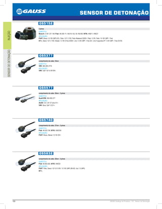166 GAUSS Catálogo de Produtos - 24 - Sensor de Detonação
SENSOR DE DETONAÇÃO
INJEÇÃOSENSORDEDETONAÇÃO
GS5152
2 pinos
SUBSTITUI:
Bosch: 0 261 231 148; Fiat: 46.538.111, 46.815.152, 55.190.562; NTK: KNE11, KNE21
APLICAÇÃO:
FIAT: Brava 1.6 16V (MPI) 02, Palio 1.0/1.3 16V, Palio Weekend 03/00, Palio 1.0 8V, Palio 1.6 16V (MPI - Fire)
01, Siena 1.0/1.3 16V, Strada 1.3 16V (Fire) 03/00, Uno 1.0 8V (MPI - Fire) 02, Uno Furgoneta 2P 1.3 8V (MPI - Fire) 0304;
GS5377
comprimento do cabo: 34cm
SUBSTITUI:
VW: 06A.905.377A
APLICAÇÃO:
VW: Golf 1.6/1.6 SR 99;
GS5577
comprimento do cabo: 36cm - 3 pinos
SUBSTITUI:
Audi/VW: 06A.905.377
APLICAÇÃO:
AUDI: A3 1.8/1.8 Turbo 01;
VW: Bora, Golf 1.8 01;
GS5740
comprimento do cabo: 37cm - 3 pinos
SUBSTITUI:
Fiat: 46.522.740; NTK: KNE03A
APLICAÇÃO:
FIAT: Brava, Marea 1.8 16V 00;
GS5832
comprimento do cabo: 20cm - 3 pinos
SUBSTITUI:
Fiat: 60.602.832; NTK: KNE03
APLICAÇÃO:
FIAT: Palio, Siena 1.0/1.5/1.6 8V, 1.6 16V (MPI) 9600, Uno 1.5 (MPI)
97;
 