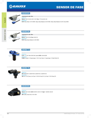 168 GAUSS Catálogo de Produtos - 24 - Sensor de Fase
SENSOR DE FASE
INJEÇÃOSENSORDEFASE
GS9026
comprimento do cabo: 32cm
SUBSTITUI:
Bosch: 0 232 101 026, 0 232 101 037; Fiat: 7.777.344, 60.811.201
APLICAÇÃO:
FIAT: Brava, Marea 1.8i 16V 08/99, Marea, Marea Weekend 2.0i 20V 05/98, Marea, Marea Weekend 2.0i 20V (Turbo) 05/98
GS9036
comprimento do cabo: 38cm
SUBSTITUI:
Bosch: 0 232 101 036; Fiat: 46.520.138
APLICAÇÃO:
FIAT: Marea, Marea Weekend 2.4i 20V 08/00
GS9073
.
SUBSTITUI:
Ford: 1 111 037/ YS6A-12K073-AB; Siemens/VDO: 324 005 002R
APLICAÇÃO:
FORD: EcoSport 1.0 (Supercharger), 1.6 04, Novo Fiesta 1.0, Supercharger, 1.6 Zetec RoCam 04
GS9076
.
SUBSTITUI:
VW: 036.907.601.A, 036.907.601.B, 036.907.601.C, 036.907.601.D
APLICAÇÃO:
VW: Gol 1.0 8V (Power), Gol, Parati 1.0 16V Mi (Turbo) 02, Gol, Parati 1.0 16V (Power) 02
GS9099
.
SUBSTITUI:
Bosch: 0 232 103 002; GM: 90.449.573, 90.510.127; Opel: 1 238 999, 6 238 337
APLICAÇÃO:
GM: Calibra, Vectra GSI 2.0 16V 10/93
 