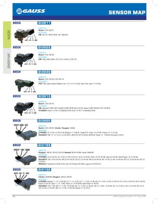 170 GAUSS Catálogo de Produtos - 24 - Sensor MAP
SENSOR MAP
INJEÇÃOSENSORMAP
BOSCH GI3011
SUBSTITUI:
Bosch: 0 261 230 011
APLICAÇÃO:
VW: Gol, GII 1.0Mi 8V 98-05, GIII 1.0Mi 99-01
BOSCH GI3022
SUBSTITUI:
Bosch: 0 261 230 022
APLICAÇÃO:
GM: Astra, Zafira, Blazer, S10 2.2 /2.4, Vectra 2.2 /232 16V
BOSCH GI3030
SUBSTITUI:
Bosch: 0 261 230 030, 0 261 230 174
APLICAÇÃO:
FIAT: Palio, Siena, Strada, Weekend, Uno, 1.0 /1.3 /1.4 /1.8 /Flex, Stilo, Punto, Idea 1.4 /1.8 /Flex.
BOSCH GI3013
SUBSTITUI:
Bosch: 0 261 230 013
APLICAÇÃO:
GM: Ipanema 2.0 MPFI 96-97, Kadett 2.0 MPFI 96-98 /GSi 2.0 91-95, Vectra 2.0 MPFI 96-98 /2.0 SFI 16V 96-97;
HYUNDAI: Accent 1.5i 16V /1.5i Hatchbac 95-99, Excel 1.5i 16V /1.5i Hatchback 95-99.
BOSCH GI3020
SUBSTITUI:
Bosch: 0 261 230 057; Citroën / Peugeot: 1920AN
APLICAÇÃO:
CITROËN: C5 1.8 16V, 2.0 16V 01-04; Berlingo 1.4, 1.8 96-02, Xantia 97-01, Xsara 1.4 e 2.0 98-, Picasso 1.6, 1.8, 2.0 00-;
PEUGEOT: 206 1.4, 1.6, 1.8, 2.0, 2.0 16V 96-07, 306 97-03, 307 2.0i 00-05, 406 99-04, Partner 1.4 , 1.8 96-02 Fiat Scudo 2.0 00-07
BOSCH GI3189
SUBSTITUI:
Peugeot: 1920 AC, 4574 03, 4574 05; Renault: 96 39 418 980; Citroen: 96394189
APLICAÇÃO:
CITROËN: C4 2.0 16V 04/, C5 1.8 16V, 2.0 16V, 3.0 V6 01/, C8 2.0, 3.0 V6 02/, SAXO 1.6 VTS 16V 96/, Xsara 2.0 16V 00/, Xsara Picasso 1.8, 2.0 16V 00/;
PEUGEOT: 106 1.6 S16 16V 96/, 206 2.0 S16 16V 00/, 307 2.0, 2.0 16V 00/, 406 3.0 V6 24V 00/, 407 1.8 16V, 2.0 16V, 3.0 24V 04/, 607 2.0, 3.0 V6 24V 00/, 807 2.0,
3.0 V6 02/;
RENAULT: Avantime 3.0 V6 24V 01/03, Clio II 3.0 V6 Sport 24V 00/05, Laguna II 3.0 V6 24V 01/
BOSCH GI3130
SUBSTITUI:
Citroen: 96393830; Peugeot: 1920 AJ, 4676 80
APLICAÇÃO:
CITROËN: Berlingo 1.1, 1.4, 1.6 16V 96/, C2 1.1, 1.4, 1.6 03/, C3 1.1, 1.4 16V, 1.6 16V 02/, C4 1.4 16V, 1.6 16V, 2.0 16V 04/, C5 1.8 16V, 2.0 16V 04/, C8 2.0 16V 05/,
Expert, 2.0 16V 07/, Saxo 1.1, 1.4, 1.6 96/, Xsara 1.4, 1.6 16V 00/05, Xsara Picaso 1.6 16V 05/;
PEUGEOT: 106 1.1 96/, 206 1.1, 1.4 16V, 1.6 16V 98/, 207 1.4, 1.4 16V, 1.6 16V 06/, 306 1.4, 1.6 93/, 1.6 16V 94/, 307 1.4,1.4 16V,1.6 16V, 2.0 16V 00/, 407 1.8,1.8
16V, 2.0 16V, 2.2 16V 04/, 1007 1.4, 1.4 16V, 1.6 16V 05/, Partner 1.4, 1.6 16V 01/
 
