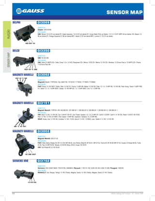 172 GAUSS Catálogo de Produtos - 24 - Sensor MAP
SENSOR MAP
INJEÇÃOSENSORMAP
DELPHI GI3069
SUBSTITUI:
Delphi: SPD 00169
APLICAÇÃO:
GM: Monza 1.8 /2.0 91 em diante EFi, Kadet /Ipanema, 1.8 /2.0 91 em diante EFi, Corsa /Hatch /Pick up /Sedan, 1.0 /1.4 /1.6 EFi /MPFi 94 em diante, S10, Blazer, 2.2
96 em diante EFi, Omega /Suprema 2.2 96 em diante MPFi, Vectra 2.2 97 em diante MPFi, Lumina 3.1 /3.4 91 em diante.
DELCO GI3350
SUBSTITUI:
GM: 93 333 350
APLICAÇÃO:
GM: Astra 2.0 (MPFI) 02, Celta, Corsa 1.0 e 1.4 VHC (Flexpower) 02, Meriva 1.8 8V 02, Meriva 1.8 16V 02, Montana 1.4 (Econo.Flex) e 1.8 (MPFI) 02, Prisma
1.4 (Econo.Flex) 08
MAGNETI MARELLI GI3092
SUBSTITUI:
Magnetti Marelli: T-PRT05/A; Fiat: 46451792, 70114218, 71718233, 71718678, 71728656
APLICAÇÃO:
FIAT: Brava 1.6 16V 96/01, Doblò / Stilo 1.6 16V 01/, Fiorino 1.5 MPI 98/, Marea 1.6 16V 00/, Palio 1.0, 1.5, 1.6 MPI 99/, 1.6 16V 98/, Palio Young / Siena 1.0 MPI FIRE.
01/, Siena 1.0, 1.5, 1.6 MPI 99/01, Strada 1.6 16V MPI 02/, 1.5, 1.6 MPI 99/01, Uno 1.0, 1.5 MPI 99/.
MAGNETI MARELLI GI3151
SUBSTITUI:
Magneti Marelli: T-PRT04; VW: 036 906 051, 027 998 041 1, 036 906 051 D, 036 998 041 1, 036 906 051 D, 036 998 041 1
APLICAÇÃO:
VW: Bora 1.4 16V, 1.6 16V 00/, Gol 1.0 MI AT 16V 97/, Gol / Parati / Saveiro 1.6, 1.8, 2.0 MPI 97/, Golf III 1.6 92/97, Golf IV 1.6 16V 00/, Parati 1.0 MI AT 16V 97/02,
Polo 1.4 16V, 1.6 16V GTI 99/01, Polo Classic 1.8 MPI 96/, Quantum / Santana 1.8, 2.0 MPI 96/;
SEAT: Arosa, Inca 1.4 16V 00/, Cordoba 1.4 16V, 1.6 00/, Ibiza III 1.4 16V, 1.6 99/02, Leon, Toledo II 1.4 16V, 1.6 16V 99/
MAGNETI MARELLI GI3002
SUBSTITUI:
Magneti Marelli: 502.011.02
APLICAÇÃO:
FIAT: Palio /Siena /Strada, 8V SPi /1.6 16V MPi 96-00, Uno /Premio /Elba 8V SPi 92-01, MPi 97-02, Fiorino 8V SPi 94-96 /MPi 97-02, Ducato 2.8 Diesel 99-00. Turbo
01-05, Tipo 2.0 MPi 94-95, Tempra, 2.0 93-99, Brava, 00-03, Coupe 16V 95-97;
VW: Gol /Parati AP 2.0 16V 95-00.
SIEMENS VDO GI3762
SUBSTITUI:
Siemens VDO: 8200719629, 7700101762, 5WK96814; Renault: 7.700.101.762, 8.200.105.165, 8.200.121.800; Peugeot: 1920CW;
APLICAÇÃO:
RENAULT: Clio, Kangoo, Twingo 1.0 16V (Todos), Megane, Scenic 1.6 16V (Todos), Megane, Scenic 2.0 16V (Todos).
 