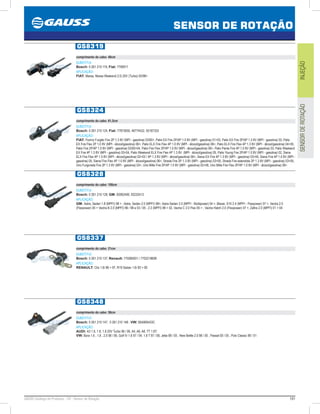181GAUSS Catálogo de Produtos - 24 - Sensor de Rotação
SENSOR DE ROTAÇÃO
INJEÇÃOSENSORDEROTAÇÃO
GS8319
comprimento do cabo: 48cm
SUBSTITUI:
Bosch: 0 261 210 119; Fiat: 7790917
APLICAÇÃO:
FIAT: Marea, Marea Weekend 2.0i 20V (Turbo) 05/98
GS8324
comprimento do cabo: 61,5cm
SUBSTITUI:
Bosch: 0 261 210 124; Fiat: 77872650, 46774532, 55187333
APLICAÇÃO:
FIAT: Fiorino Furgão Fire 2P 1.3 8V (MPI - gasolina) 03/00, Palio EX Fire 2P/4P 1.0 8V (MPI - gasolina) 0103, Palio EX Fire 2P/4P 1.3 8V (MPI - gasolina) 03, Palio
EX Fire Flex 2P 1.0 8V (MPI - álcool/gasolina) 06, Palio ELX Fire Flex 4P 1.0 8V (MPI - álcool/gasolina) 06, Palio ELX Fire Flex 4P 1.3 8V (MPI - álcool/gasolina) 0405,
Palio Fire 2P/4P 1.0 8V (MPI - gasolina) 03/0004, Palio Fire Flex 2P/4P 1.0 8V (MPI - álcool/gasolina) 06, Palio Penta Fire 4P 1.0 8V (MPI - gasolina) 03, Palio Weekend
EX Fire 4P 1.3 8V (MPI - gasolina) 0304, Palio Weekend ELX Fire Flex 4P 1.3 8V (MPI - álcool/gasolina) 05, Palio Young Fire 2P/4P 1.0 8V (MPI - gasolina) 02, Siena
ELX Fire Flex 4P 1.0 8V (MPI - álcool/gasolina) 0203 / 4P 1.3 8V (MPI - álcool/gasolina) 06, Siena EX Fire 4P 1.3 8V (MPI - gasolina) 0304, Siena Fire 4P 1.0 8V (MPI -
gasolina) 05, Siena FIre Flex 4P 1.0 8V (MPI - álcool/gasolina) 06, Strada Fire 2P 1.3 8V (MPI - gasolina) 0305, Strada Fire estendida 2P 1.3 8V (MPI - gasolina) 0305,
Uno Furgoneta Fire 2P 1.3 8V (MPI - gasolina) 03, Uno Mille Fire 2P/4P 1.0 8V (MPI - gasolina) 0206, Uno Mille Fire Flex 2P/4P 1.0 8V (MPI - álcool/gasolina) 06
GS8328
comprimento do cabo: 100cm
SUBSTITUI:
Bosch: 0 261 210 128; GM: 92062490, 93232413
APLICAÇÃO:
GM: Astra, Sedan 1.8 (MPFI) 98  , Astra, Sedan 2.0 (MPFI) 98, Astra Sedan 2.0 (MPFI - Multipower) 04 , Blazer, S10 2.4 (MPFI - Flexpower) 07 , Vectra 2.0
(Flexpower) 05  Vectra B 2.0 (MPFI) 96 / 98 e 03 / 05 , 2.2 (MPFI) 98  02, Vectra C 2.0 Flex 05  , Vectra Hatch 2.0 (Flexpower) 07 , Zafira 2.0 (MPFI) 01  04
GS8337
comprimento do cabo: 21cm
SUBSTITUI:
Bosch: 0 261 210 137; Renault: 770085931 / 7702218699
APLICAÇÃO:
RENAULT: Clio 1.6i 96  97, R19 Sedan 1.6i 93  00
GS8348
comprimento do cabo: 58cm
SUBSTITUI:
Bosch: 0 261 210 147, 0 261 210 148 ; VW: 06A906433C
APLICAÇÃO:
AUDI: A3 1.6, 1.8, 1.8 20V Turbo 96 / 06, A4, A6, A8, TT 1.8T;
VW: Bora 1.6 , 1.8 , 2.0 98 / 06, Golf IV 1.6 97 / 04, 1.8 T 97 / 08, Jetta 98 / 05 , New Bettle 2.0 98 / 05 , Passat 00 / 05 , Polo Classic 99 / 01
 