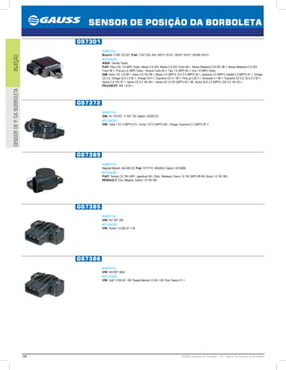 186 GAUSS Catálogo de Produtos - 24 - Sensor da Posição da Borboleta
SENSOR DE POSIÇÃO DA BORBOLETA
INJEÇÃOSENSORDEP.DABORBOLETA
GS7301
SUBSTITUI:
Bosch: 0 280 122 001; Fiat: 7 637 025; KIA: 0K011-18-911, 0K247-18-911, 0K30A-18-911
APLICAÇÃO:
ASIA: Towner Todos;
FIAT: Elba CSL 1.6 (MPI) Todos, Marea 2.0i 20V, Marea 2.0i 20V Turbo 98 , Marea Weekend 2.0i 20V 98 , Marea Weekend 2.0i 20V
Turbo 98 , Pick-up LX (MPI) Todos, Tempra Turbo 94 , Tipo 1.6 (MPI) 95 , Uno 1.6 (MPI) Todos;
GM: Astra 1.8i, 2.0i 98 , Astra 2.0i 16V 99 , Blazer 2.4 (MPFI), S10 2.4 (MPFI) 00 , Ipanema 2.0 (MPFI), Kadett 2.0 (MPFI) 97 , Omega
CD 3.0, Omega GLS 2.0 92 , Omega CD 4.1, Suprema CD 4.1 94 , Pick-up C20 4.1, Silverado 4.1 96 , Suprema CD 3.0, GLS 2.0 92 ,
Vectra 2.2i 16V 97 , Vectra CD 2.0 16V 96 , Vectra CD 2.0 8V (MPFI) 93  96, Vectra GLS 2.0 (MPFI), GSI 2.0 16V 93 ;
PEUGEOT: 306 1.8 97 
GS7372
SUBSTITUI:
GM: 25 178 872, 17 097 102; Delphi: ICD00123
APLICAÇÃO:
GM: Celta 1.0/1.4 (MPFI) 01, Corsa 1.0/1.6 (MPFI) 96, Omega, Suprema 2.2 (MPFI) 97 ;
GS7389
SUBSTITUI:
Magneti Marelli: 404 062 02; Fiat: 7077710, 9945634; Delphi: SS10689
APLICAÇÃO:
FIAT: Tempra 2.0 16V (MPI - gasolina) 95, Palio, Weekend, Siena 1.6 16V (MPI) 9699, Brava 1.6 16V 99;
RENAULT: Clio, Mégane, Scénic 1.6 16V 99
GS7385
SUBSTITUI:
VW: 021 907 385
APLICAÇÃO:
VW: Kombi 1.6 (Mi) 97  04
GS7386
SUBSTITUI:
VW: 044 907 385A
APLICAÇÃO:
VW: Golf 1.8 Mi 94  98, Passat Alemão 2.0 95  98, Polo Classic 01 ;
 