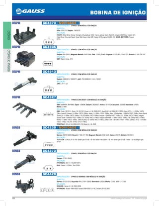 202 GAUSS Catálogo de Produtos - 24 - Bobina de Ignição
BOBINA DE IGNIÇÃO
IGNIÇÃOBOBINADEIGNIÇÃO
DELPHI GC4373 // NOVIDADE //
ESPECIFICAÇÕES: 3 PINOS / SEM MÓDULO DE IGNIÇÃO
SUBSTITUI:
Effa: GDQ170; Delphi: 19005270
APLICAÇÃO:
HAFEI: Minyi Minz, Chana, Changhe, Shuanghuan CEO, Tianma pickup, Geely Meiri CK Emgrand EC7 View Englan SC7,
Hafei Minyi, Chevrolet Spark, Great Wall Haval, Lifan 520; Geely 4G15 engine, DA465, B12. ASIA MOTORS: Towner
EFFA
DELPHI GC4905
ESPECIFICAÇÕES: 4 PINOS / COM MÓDULO DE IGNIÇÃO
SUBSTITUI:
Delphi: BID 00001; Magneti Marelli: BI0012MM; GM: 113905; Cód. Original: 01 103 905, 10 457 075; Bosch: F 000 ZS9 200”;
APLICAÇÃO:
GM: Blazer, Corsa, S10
DELPHI GC4913
ESPECIFICAÇÕES: 3 PINOS / COM MÓDULO DE IGNIÇÃO
SUBSTITUI:
Delphi: 28063913, 19005277; JAC: PHC28063913, 1A14, 120421
APLICAÇÃO:
JAC: J3 1.4, J2
DELPHI GC4927
ESPECIFICAÇÕES: 7 PINOS /LONG BOOT / COM MÓDULO DE IGNIÇÃO
SUBSTITUI:
GM: 55584404, 96476983; Opel: 1208098; Delphi: 28326927; Airtex: 5C1703; Carquest: 522058; Standard: UF620;
Wells: C1646
APLICAÇÃO:
GM: Cruze 1.8 2011, Sonic 1.6 16V 2013, Aveo L4-1.6L 20092011, Aveo5 L4-1.6L 20092011; OPEL: Astra GTC J 1.8 103Kw 140CV
796cc, Astra H Caravan 1.6 85Kw 116CV 1598cc, Astra J 1.6 85Kw 115CV 1598cc, Astra J Stufenheck 1.6 85Kw 116CV 1598cc, Astra Sports
Tourer (J) 1.6 85Kw 116CV 1598cc /1.6 LPG 84Kw 114CV 1598cc, Insignia 1.6 85Kw 116CV 1598cc /1.8 103Kw 140CV 1796cc, Insignia
Sports Tourer 1.6 85Kw 116CV 1598cc /1.8 103Kw 140CV 1796cc, Insignia tufenheck 1.6 85Kw 116CV 1598cc /1.8 103Kw 140CV 1796cc,
Mokka 1.6 85Kw 116CV 1598cc, Zafira B (A05) 1.8 103Kw 140CV 1796cc, Zafira B Van 1.8 103Kw 140CV 1796cc, Zafira C (P12) 1.8 103Kw
140CV 1796cc /1.8 LPG 101Kw 137CV 1796cc;
PONTIAC: G3 L4-1.6L 20092010, G3 Wave L4-1.6L 2009
DENSO GC4239 // NOVIDADE //
ESPECIFICAÇÕES: 4 PINOS / COM MÓDULO DE IGNIÇÃO
SUBSTITUI:
Denso: 90919-02239; Bosch: F 005 X11 783; Magneti Marelli: BAE Q126; Valeo: 245178; Delphi: GN10314
APLICAÇÃO:
TOYOTA: COROLLA 1.6i 16V Sedan gas 02~09/ 1.8i 16V Sedan Flex 2008/ 1.8i 16V Sedan gas 02~08, Fielder 1.8i 16V Wagon gas
04~07.
DENSO GC4273
ESPECIFICAÇÕES: 2 PINOS / SEM MÓDULO DE IGNIÇÃO
SUBSTITUI:
Denso: 27301-2B000
APLICAÇÃO:
HYUNDAI: i30 1.4 /1.6 20072011;
KIA: Cerato 1.6 2004, Soul 2009
DENSO GC4420
ESPECIFICAÇÕES: 2 PINOS /2 BOBINAS / SEM MÓDULO DE IGNIÇÃO
SUBSTITUI:
Denso: 01122-0210; Hyundai /KIA: 27301-22600; Standard: UF308; Wells: C1350; MSW LT-C1350
APLICAÇÃO:
DODGE: Verna L4-1.6L 20042006;
HYUNDAI: Accent 19952003, Accent 20002003 L4-1.5L, Accent L4-1.6L 2003
 