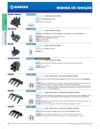 206 GAUSS Catálogo de Produtos - 24 - Bobina de Ignição
BOBINA DE IGNIÇÃO
IGNIÇÃOBOBINADEIGNIÇÃO
MAGNETI MARELLI GC4029
ESPECIFICAÇÕES: 3 PINOS / SEM MÓDULO DE IGNIÇÃO
SUBSTITUI:
988F-12029-AC; Magneti Marelli: BI005SSM
APLICAÇÃO:
FORD: Fiesta, Courrier, Escort Zetec
MITSUBISHI GC4966
ESPECIFICAÇÕES: 3 PINOS / SEM MÓDULO DE IGNIÇÃO
SUBSTITUI:
Mitsubishi: H3T024; Mazda: 155852, F69651971; Regitar: RUF966; Diamond: F-696 618393; Standard: UF371
APLICAÇÃO:
MITSUBISHI: Eclipse 19901995, Expo 19931994, Expo LRV 1992;
MAZDA: 626 19901996; DODGE: Colt 19931994;
EAGLE: Summit 19941994;
PLYMOUTH: Colt 19921994
NISSAN GC4227
ESPECIFICAÇÕES: 2 PINOS / SEM MÓDULO DE IGNIÇÃO
SUBSTITUI:
CM1T-230, CM1T-227; Nissan: 22433-F4302
APLICAÇÃO:
NISSAN: 84~99
NISSAN/TOYOTA GC4027 // NOVIDADE //
ESPECIFICAÇÕES: 2 PINOS / SEM MÓDULO DE IGNIÇÃO
SUBSTITUI:
NISSAN: 22433-53F00, 22433-55Y00, 22433-65Y10, 22448-1C701, 22448-37J10, 22448-37J20, 22433-65Y1093
APLICAÇÕES:
TOYOTA: Serena 1.6 16V 88~97;
NISSAN: Patrol 88~97
PEUGEOT GC4034
ESPECIFICAÇÕES: 4 PINOS – CONECTOR CINZA – 1 POLARIZADOR / SEM MÓDULO DE IGNIÇÃO
SUBSTITUI:
Citroën: 596319, 596319, 5970A8, 96358648, 96358649; Peugeot: 596319, 596319, 5970A8, 96358648, 96358649; Bougicord:
154302
APLICAÇÃO:
CITROËN: Berlingo 1.1i /1.4i 06/0012/02, C2 1.1 /1.4 09/03, C3 1.1i 02/02 /1.4i Bivalent 02/0212/05, C3 Plurel 1.4 05/03, Saxo 1.0X
/1.1X /1.1SX /1.4VTS 06/0012/02, XSara 1.4i 06/0012/05 /Break 1.4i 06/0008/05 /Coupé 1.4i 06/0003/05;
PEUGEOT: 106 II 1.1i /1.4i 06/00, 107 1.3 06/06, 206 1.1i 06/00, 206 1.4i 06/0012/05, 206 SW 1.1 /1.4 07/02, 206 SW /1.4 16V 10/03,
306 1.4 06/0012/05, 306 1.4 SL 06/0005/01, 306 Break 1.4 06/0012/05, 307 1.4 08/0012/05, 307 Break /SW 1.4 16V 11/03, 1007 1.4
04/05, Partner 1.1 /1.4 /1.1 /1.4 Combispace 06/0012/05
PEUGEOT GC4054
ESPECIFICAÇÕES: 4 PINOS / CONECTOR PRETO / 2 POLARIZADORES / SEM MÓDULO DE IGNIÇÃO
SUBSTITUI:
Peugeot: 597072, 597074, 9628158580, 596319; Citroën: 597072, 597074, 9628158580, 96246755, 96281585; Sagem: 2526117A,
25261174; Valeo: 245109; Lucas: DMB812; Bosch: 0986221034; Bougicord: 154301; Psa: 597072, 5970A9, 9624675580,
9628158580
APLICAÇÃO:
PEUGEOT: 106 /307 /206 1.4i, 1.6i 8V 98~00, 306 1.4 /1.4SL /1.6 /1.6SR 8V 97~00, 306 Break 1.4 /1.6 8V 97~00, 306 Cabrioler 1.6 8V,
406 1.6 8V 97~00, Partner 1.6 8V 00;
CITROËN: C2/C3 1.1,1.4 02~03, Saxo (S0,S1) 1.0X/XS/VTS/VTL/VTR 96~03, Xsara /Picasso 1.4i,1.6i 97~99
PEUGEOT GC4074
ESPECIFICAÇÕES: 4 PINOS – CONECTOR PRETO – 1 POLARIZADOR / SEM MÓDULO DE IGNIÇÃO
SUBSTITUI:
Citroën: 597090, 597097, 9654347080; Peugeot: 597090, 597097, 9654347080; Bougicord: 154303.
APLICAÇÃO:
CITROËN: Berlingo 1.1i /1.4 bivalent /1.4i bivalent 01/05, C2 1.1 /1.4 01/05, C3 1.4i 02/02, C3 Pluriel 1.4 05/05;
PEUGEOT: 207 1.4 02/06, 207 SW 1.4 06/07, 1007 1.4 04/05, Partner 1.1 /1.4 /1.4BiFuel /Combispace 1.1 /1.4 01/05;
 
