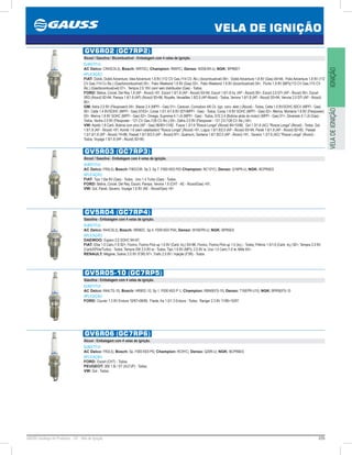 235GAUSS Catálogo de Produtos - 24 - Vela de Ignição
VELA DE IGNIÇÃO
IGNIÇÃOVELADEIGNIÇÃO
GV6R02 (GC7RP2)
Álcool / Gasolina / Bicombustível - Embalagem com 4 velas de ignição.
SUBSTITUI:
AC Delco: CR43CXLS; Bosch: WR7DC; Champion: RN9YC; Denso: W20EXR-U; NGK: BPR6EY
APLICAÇÃO:
FIAT: Doblò, Doblò Adventure, Idea Adventure 1.8 8V (112 CV Gas./114 CV. Álc.) (bicombustível) 06, Doblò Adventure 1.8 8V (Gas) 0406, Palio Adventure 1.8 8V (112
CV Gas./114 Cv Álc.) (Gas/bicombustível) 05, Palio Weekend 1.8 8V (Gas) 03, Palio Weekend 1.8 8V (bicombustível) 04, Punto 1.8 8V (MPI)(113 CV Gas./115 CV
Álc.) (Gas/bicombustível) 07, Tempra 2.0 16V com/ sem distribuidor (Gas) - Todos;
FORD: Belina, Corcel, Del Rey 1.8 (AP - Álcool) 91, Escort 1.6/1.8 (AP - Álcool) 9394, Escort 1.6/1.8 Inj. (AP - Álcool) 95, Escort 2.0 EFI (AP - Álcool) 95, Escort
XR3 (Álcool) 9294, Pampa 1.6/1.8 (AP) (Álcool) 9396, Royalle, Versailles 1.8/2.0 (AP-Álcool) - Todos, Verona 1.6/1.8 (AP - Álcool) 9394, Verona 2.0 EFI (AP - Álcool)
95;
GM: Astra 2.0 8V (Flexpowerl) 04, Blazer 2.4 (MPFI - Gas) 01, Caravan, Comodoro 4/6 Cil. (ign. conv. eletr.) (Álcool) - Todos, Celta 1.0 8V/SOHC 60CV (MPFI - Gas)
00, Celta 1.4 8V/SOHC (MPFI - Gas) 07/03, Corsa 1.0/1.4/1.6 8V (EFI/MPFI - Gas) - Todos, Corsa 1.8 8V SOHC (MPFI - Gas) 02, Meriva, Montana 1.8 8V (Flexpower)
03, Meriva 1.8 8V SOHC (MPFI - Gas) 02, Omega, Suprema 4.1 L6 (MPFI - Gas) - Todos, S10 2.4 (Bobina atrás do motor) (MPFI - Gas) 01, Silverado 4.1 L6 (Gas) -
Todos, Vectra 2.0 8V (Flexpower - 121 CV Gas./128 CV Álc.) 05, Zafira 2.0 8V (Flexpower - 121 CV./128 CV Álc.) 04;
VW: Apollo 1.8 Carb. Bobina com pino (AP - Gas) 06/9011/92, Fusca 1.3/1.6 Rosca Longa (Álcool) 8410/86, Gol 1.3/1.6 (AC) Rosca Longa (Álcool) - Todos, Gol
1.6/1.8 (AP - Álcool) 91, Kombi 1.6 (sem catalisador) Rosca Longa (Álcool) 91, Logus 1.6/1.8/2.0 (AP - Álcool) 9394, Parati 1.6/1.8 (AP - Álcool) 8295, Passat
1.5/1.6/1.8 (AP - Álcool) 7486, Passat 1.6/1.8/2.0 (AP - Álcool) 87, Quantum, Santana 1.6/1.8/2.0 (AP - Álcool) 91, Saveiro 1.3/1.6 (AC) Rosca Longa (Álcool) -
Todos, Voyage 1.6/1.8 (AP - Álcool) 8295;
GV5R03 (GC7RP3)
Álcool / Gasolina - Embalagem com 4 velas de ignição.
SUBSTITUI:
AC Delco: FR5LS; Bosch: F8DCOR, Sp 3, Sp 7, F000 KE0 P03 Champion: RC12YC; Denso: Q16PR-U; NGK: BCPR5ES
APLICAÇÃO:
FIAT: Tipo 1.6ie 8V (Gas) - Todos, Uno 1.4 Turbo (Gas) - Todos;
FORD: Belina, Corcel, Del Rey, Escort, Pampa, Verona 1.6 (CHT - AE - Álcool/Gas) 91;
VW: Gol, Parati, Saveiro, Voyage 1.6 8V (AE - Álcool/Gas) 91
GV5R04 (GC7RP4)
Gasolina - Embalagem com 4 velas de ignição.
SUBSTITUI:
AC Delco: R44CXLS; Bosch: WR8DC, Sp 4, F000 KE0 P04; Denso: W16EPR-U; NGK: BPR5ES
APLICAÇÃO:
DAEWOO: Espero 2.0 SOHC 9497;
FIAT: Elba 1.5 Carb./1.6 92, Fiorino, Fiorino Pick-up 1.0 8V (Carb. Inj.) 9396, Fiorino, Fiorino Pick-up 1.5 (Inj.) - Todos, Prêmio 1.5/1.6 (Carb. Inj.) 92, Tempra 2.0 8V
(Carb/SPI/ie/Turbo) - Todos, Tempra SW 2.0 8V ie - Todos, Tipo 1.6 8V (MPI), 2.0 8V ie, Uno 1.0 Carb./1.0 ie, Mille 93;
RENAULT: Mégane, Scénic 2.0 8V (F3R) 97, Trafic 2.0 8V / Injeção (F3R) - Todos
GV5R05-10 (GC7RP5)
Gasolina - Embalagem com 4 velas de ignição.
SUBSTITUI:
AC Delco: R44LTS-10; Bosch: HR9DC-10, Sp 1, F000 KE0 P 1; Champion: RBN5EFS-10; Denso: T16EPR-U10; NGK: BPR5EFS-10
APLICAÇÃO:
FORD: Courier 1.3 8V Endura 10/9708/99, Fiesta, Ka 1.0/1.3 Endura - Todos, Ranger 2.3 8V 11/9610/97;
GV6R06 (GC7RP6)
Álcool - Embalagem com 4 velas de ignição.
SUBSTITUI:
AC Delco: FR2LS; Bosch: Sp, F000 KE0 P0; Champion: RC9YC; Denso: Q20R-U; NGK: BCPR6ES
APLICAÇÃO:
FORD: Escort (CHT) - Todos;
PEUGEOT: 306 1.8i / XT (XU7JP) - Todos;
VW: Gol - Todos;
 