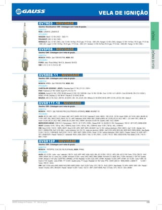 239GAUSS Catálogo de Produtos - 24 - Vela de Ignição
VELA DE IGNIÇÃO
IGNIÇÃOVELADEIGNIÇÃO
GV7R03 // NOVIDADE //
Gasolina / Bicombustível / GNV - Embalagem com 4 velas de ignição.
SUBSTITUI:
NGK: LZKAR7A, LZKAR7A-D
APLICAÇÃO:
NISSAN: March 1.0 16V (74CV - D4D) 11
PEUGEOT: 206 1.0 16V ( D4D )
RENAULT: Clio 1.0 16V ( D4D ), Clio 1.0 16V / Hi-Flex ( 76 CV gas./ 77 CV álc. - D4D ) 05, Kangoo 1.0 16V ( D4D ), Kangoo 1.0 16V / Hi-Flex ( 76 CV gas./ 77 CV álc.
- D4D ) 05, Logan 1.0 16V / Hi-Flex ( 76 CV gas. / 77 CV álc. - D4D ) 07, Sandero 1.0 16V /Hi-Flex (76 CV gas./ 77 CV álc. - D4D) 08, Twingo 1.0 16V ( D4D )
GV6P08 // NOVIDADE //
Gasolina / GNV - Embalagem com 4 velas de ignição.
SUBSTITUI:
BOSCH: WR8D+, Sp4, F000 KE0 P04; NGK: B6S
APLICAÇÃO:
FORD: Jeep / Rural (Willys) 184 6 Cil., Maverick 184 6Cil.
GM: C-10 / C-14 / C-15 6 Cil. 261
GV5R08-11 // NOVIDADE //
Gasolina / GNV - Embalagem com 4 velas de ignição.
SUBSTITUI:
BOSCH: WR8D+, Sp4, F000 KE0 P04; NGK: B6S
APLICAÇÃO:
CHRYSLER (DODGE / JEEP): Cherokee Sport 3.7 V6 ( 211 CV ) 10/01
FIAT: Freemont 2.4 16V / DOHC Dual VVT (172 CV) 11
HONDA: Accord 2.2 16V / VTEC 9298, Accord 2.3 16V / EX / EXR 98, Civic 1.6 16V / EX 98, Civic 1.6 16V / LX / LXB 97, Civic DX 9495, CR-V 2.0 / DOHC (
B20B3 ) 9799, Odyssey 2.2 16V 9697, Prelude S / SI SOHC 9294
MAZDA: 626 2.5 V6 ( KLD ), 929 V6 ( JE-DOHC ) 90, V6 ( JE-ZE ) 95, Millenia 2.5 V6 DOHC 9502, MPV 3.0 V6 ( JE EGI ) 90, Xedos 9
GV6R11T-10 // NOVIDADE //
Gasolina / GNV - Embalagem com 4 velas de ignição.
SUBSTITUI:
BOSCH: FR7LT+, Sp6, F000 KE0 P06 (3 ELETRODOS LATERAIS); NGK: BKUR6ET-10
APLICAÇÃO:
AUDI: 80 2.6 ( ABC / ACZ ) - 2.6 / Avant ( ABC / ACZ ) 04/92, 80 2.8 V6 / Cabriolet E ( AHH ) 08/91, 100 2.8 V6 - 2.8 V6 / Avant 12/90, A3 1.6 8V ( AEH ) 9699, A3
1.6 8V ( APF / AKL / ME-8 / M-63 ) 9901, A3 1.8 - with 3 eletrodos ( AGN / MQ8 / M51 ) 05/99 a 08/00, A4 1.8 20V, A3 2.6 ( ACZ / ABC ) - 2.8 ( AAH / AFC ) 06/94, A4
Avant 1.8 20V, A6 2.6 ( ACZ / ABC ) 04/94, A6 2.8 ( AAH / AFC ) 06/94, A6 Avant 2.6 30V V6 / Quattro ( ABC / ACZ ) 06/94
MERCEDES BENZ: C230 K 2.3 / Kompressor ( 192 CV - M 111.975 ) 10/95, Classe A160 1.6, SLK230 2.3 16V / Kompressor ( 193 CV - M111.973 ) 09/9602/00
SEAT: Cordoba 1.6 8V ( 100 hp - AKL ) 10/9903, Ibiza 1.6 8V ( 100 hp - AKL ) 10/9903, Vario 1.6 8V ( 100 hp - AKL ) 10/9903
VW: Bora 2.0 8V ( 116 CV - CBPA ) 06/07, Bora 2.0 8V ( APK / BHP / BER ) 0005/07, Gol 1.0 16V / without distributor ( RSH ) 08/01, Golf	 1.6 8V - Alemão / A4 (
EA111 ) 08/9807/99, Golf 1.6 8V (AKL) - tucho hidráulico / A4 ( EA 113 - cárter em alumínio ) 08/98, Golf 2.0 8V (APK/ AEG/ AKL/ BER/ BHP/ CBPA) 08/99, New Beetle
2.0 8V ( 116 CV ) 11/9906/05, Golf 2.0 8V ( 116 CV - BER / BHP / CBPA ) 07/05, Parati 1.0 16V / without distributor ( RSH ) 08/01, Passat / Variant 1.8 ( ADR / APT /
AFY ) 04/9802/01, Passat / Variant 2.0 - sextavado 16mm ( AZM ) 03/01, Polo 1.0 16V ( RSH ) - 2.0 8V ( 116 CV - BBX ) 05/0207/06, Polo Sedan 2.0 8V ( 116 CV -
BBX ) 11/02
GV6R12P // NOVIDADE //
Gasolina / GNV - Embalagem com 4 velas de ignição.
SUBSTITUI:
BOSCH: FR7DPP33, 0 242 235 740 (PLATINUM); NGK: PFR6Q
APLICAÇÃO:
AUDI: A3 1.8 20V - turbo - com 1 eletrodo ( 180 CV - AJQ / APP / ARZ / AQA / AUQ ) 99, A3 1.8 20V ( 125 CV - APG ) 99, A3 2.0 16V Turbo / TFSI ( 200 CV - AXX
/ BWA ) 09/04, A4 1.8 - turbo ( AJL ) 02/98, A4 Avant 1.8 20V - turbo ( APU / ARQ / ANB ) 08/98, A4 Avant 2.0 ( BGB / BUL ) 11/04, A6 Avant 2.7 30V V6 / Quattro
07/98, Allroad 2.7 V6 Turbo / QUATTRO ( APB/BEL ) 0104, Roadster 1.8 20V ( AJQ / APX ) 07/98, Roadster 1.8 20V ( APP ) 07/99, S3 1.8 20V - turbo 11/98, S4
Avant 2.7 V6 / Quattro - turbo 07/98, TT 1.8 20V / Quattro turbo, TT Coupe / Roadster 2.0 16V Turbo /TFSI - DOHC (200 CV - BWA) 08/06, LOBINI H1	 1.8 20V /
Turbo ( 180 CV - AUQ )
VW: Golf 1.8 20v turbo (AWD /AWW /AUQ /BEK /AWP) 03/00, Golf 1.8 20V Turbo / GTI ( 182 CV - AUQ ) 03/07, New Beetle 1.8 ( APH / AWW / AWV ) 99, Passat /
Variant 1.8 turbo ( APU ) 9902/01, Passat / Variant 1.8 20V / Turbo ( 152 CV - AWT ) 03/0109/05, Polo 1.8 Turbo / GTI ( 150 CV - BJX ) 06/06
 