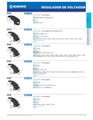 23GAUSS Catálogo de Produtos - 24 - Regulador de Voltagem
REGULADOR DE VOLTAGEM
ELÉTRICAREGULADORDEVOLTAGEM
DELCO GA718
ESPECIFICAÇÕES: 14V, Campo Negativo
SUBSTITUI:
Delco: 19009708; Opel:1204288; GM: 10493240
APLICAÇÃO:
GM
ALTERNADOR:
GM: 90543910, 6204072
DELCO GA702
ESPECIFICAÇÕES: 14V, Campo Negativo, LRC: 2,5S, Terminais: P.L.IG.S
SUBSTITUI:
Delco: 19009702; Cargo: 135547
APLICAÇÃO:
GM: Ômega (c/ ar cond.), Corsa, Vectra.
ALTERNADOR:
DELCO: Series CS121D /CS130D, 10463407, 10463443, 10463654, 10470119, 10479981, 10479984, 10480017, 10480052.
CONJUNTO RETIFICADOR:
GA1758
DELCO GA703
ESPECIFICAÇÕES: 14V, Campo Negativo
SUBSTITUI:
Delco: 19009705
APLICAÇÃO:
BUICK: Skylark;
CHEVROLET: Cavalier, Pontiac Grand-Am, Sunfire
ALTERNADOR:
DELCO: 10480074, 10480076, 10480079, 10480184, 10480191, 10480207, 10480217, 10480218, 10480251, 10480252, 10480299,
10480301; LESTER: 819011, 8197, 81977, 8222, 8223, 8224, 8229, 8230, 8231, 8233, PIC: 2406140, 240615
DELCO GA704
ESPECIFICAÇÕES: 14V, Campo Negativo
SUBSTITUI:
Delco: 19009703
APLICAÇÃO:
GM: Veículos;
RENAULT: Clio, Kangoo, Twingo
ALTERNADOR:
DELCO: 10463630, 10463966, 10464075, 10480043, 10480182, 10480264, 3211048, 3211310; LESTER: 81585, 8200, 820011;
PIC: 2406137, 2406138, 2406180
CONJUNTO RETIFICADOR:
GA1758
DELCO GA706
ESPECIFICAÇÕES: 14V, Campo Negativo
SUBSTITUI:
Delco: 19009706
APLICAÇÃO:
CHEVROLET: P Series Step Van, GMC Series Step Van
ALTERNADOR:
DELCO: 10480170, 3211130; LESTER: 8216
DELCO GA707
ESPECIFICAÇÕES: 14V, Campo Negativo
SUBSTITUI:
Delco: 19009719
APLICAÇÃO:
GM: Veículos
ALTERNADOR:
DELCO: 10464407, 10464457, 10480343, 15757624
CONJUNTO RETIFICADOR:
GA1758
 