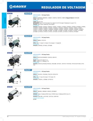 28 GAUSS Catálogo de Produtos - 24 - Regulador de Voltagem
REGULADOR DE VOLTAGEM
ELÉTRICAREGULADORDEVOLTAGEM
HITACHI GA248
ESPECIFICAÇÕES: 14V Campo Positivo
SUBSTITUI:
Hitachi: 2352805E06, 2352818G01, L15063601, L15093155, L16023153, L16063153; Magneti Marelli: 940 038 069;
Cargo: 133543, 137189
APLICAÇÃO:
FORD: Maverick 2.7TD;
MITSUBISHI: Colt III 1.6 GTi 16V, Galant IV 2.0, Galant IV 2.0 GTI 16V, Galant IV Stufenheck 2.0, Lancer IV 1.8;
NISSAN: Patrol, Terrano, Vanette Bus, Urvan, Bluebird
ALTERNADOR:
HITACHI: LR140415B, LR140419, LR140419T, LR140421, LR140421T, LR140422, LR140422T, LR140436, LR140436S, LR150425,
LR150425B, LR150428, LR150428S, LR150428T, LR150430m, LR150430S, LR150435S, LR150443S, LR160414, LR160417,
LR160421C, LR160421E, LR160421F, LR160422B, LR160426S, LR160426T, LR160427S, LR160436S, LR160436T, LR160437S,
LR160437T, LR170405, LR170406B, LR170406C, LR170406E, LR170406F, LR170406T, LR170407S, LR170407T, LR170408S,
LR170408T, LR170412S, LR170412T, LR170413, LR170414B, LR170414C, LR170414E, LR170417B, LRT150430T
HITACHI GA249
ESPECIFICAÇÕES: 14V Campo Positivo
SUBSTITUI:
Hitachi: FA8065A, L170-G1315
APLICAÇÃO:
OPEL: Astra 1.7, Corsa B 1.5, Vectra A 1.7td, Corsavan 1.7, Cavalier Mk
ALTERNADOR:
HITACHI: LR160412B, LR170420, LR170420B
HITACHI GA250
ESPECIFICAÇÕES: 14V Campo Positivo
SUBSTITUI:
Hitachi: 8941674100, 8970260520, L15033155, L160G1315
APLICAÇÃO:
ISUZU: Trooper 2.8 TD, Midi 2.0, 2.2;
OPEL: Campo 2.5 ,3.1, Monterey 3.1TD
ALTERNADOR:
HITACHI: LR150-431,LR150-432,LR150-439, LR150-439B, LR170-401, LR170-410, R170-410B, LR170-418 LR170-418B, LR170-
418C
HITACHI GA251
ESPECIFICAÇÕES: 14V Campo Positivo
SUBSTITUI:
Hitachi: L170G-3319, L170G-6308, L170G-7315, LR170G-7315
APLICAÇÃO:
OPEL: Astra 1.7, Corsa 1.5D, Vectra 1.7 XT, Combo 1.7D
ALTERNADOR:
HITACHI: L170G3319, L170G6308, LR170G7315
HITACHI GA252
ESPECIFICAÇÕES: 14V Campo Positivo
SUBSTITUI:
Hitachi: L180G2340, L180G6340, L165G2315, 2321585L00
APLICAÇÃO:
NISSAN: Primera 1.6 stationcar 90-94, Sunny 1.4i 90-95, Sunny 1.4i Stationcar 90-95, Sunny 1.6i
ALTERNADOR:
HITACHI: LR165-708C, LR170-738C, LR170-744, LR180-731B
CONJUNTO RETIFICADOR:
GA1760
 