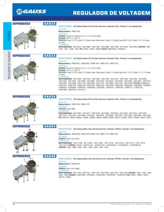 50 GAUSS Catálogo de Produtos - 24 - Regulador de Voltagem
REGULADOR DE VOLTAGEM
ELÉTRICAREGULADORDEVOLTAGEM
NIPPONDENSO GA832
ESPECIFICAÇÕES: 14V, Campo Positivo, 63.5 mm Dist. entre furos, Terminais: D-IG-L, Terminal ‘L’ com lâmpada ativa
SUBSTITUI:
Nippondenso: 126000-1200
APLICAÇÃO:
HONDA: Accord 2.0i, Prellude, Civic 1.2, 1.3,1.5, Civic Coupé;
SUZUKI: SJ 413 1.3, Swift 1.3;
TOYOTA: Camry 1.8, 2.0, Carina II 1.8, Celica Coupé, Celica Supra, Corolla 1.3, Corolla Coupé, MR 2 1.6,2.0, Starlet 1.0,1.3,1.5, Supra
3.0 Turbo.
ALTERNADOR:
NIPPONDENSO: 1002116310, 1002118680, 1002117952, 1002118980, 1002117990, 1012110160, 1002118530; LESTER: 13423,
13424, 13521, 13569, 14391; PIC: 290333, 290334, 290384; ISUZU: 8940236520, 8970638121
NIPPONDENSO GA833
ESPECIFICAÇÕES: 14V, Campo Positivo, 63.5 mm Dist. entre furos, Terminais: S-IG-L, Terminal ‘L’ com lâmpada ativa
SUBSTITUI:
Nippondenso: 126000-0931, 126000-0932, 126000-1400, 126000-1450, 126000-1530
APLICAÇÃO:
HONDA: Accord 2.0i, Prellude, Civic 1.2, 1.3,1.5, Civic Coupé;
SUZUKI: SJ 413 1.3, Swift 1.3;
TOYOTA: Camry 1.8, 2.0, Carina II 1.8, Celica Coupé, Celica Supra, Corolla 1.3, Corolla Coupé, MR 2 1.6, 2.0, Starlet 1.0, 1.3, 1.5, Supra
3.0 Turbo.
ALTERNADOR:
NIPPONDENSO: 1002113050, 1002117450, 1002113240, 1002117460, 1002113391, 1002117580, 1002113500, 1002118030,
1002113520, 1002118050, 1002113680, 1002118060, 1002116030, 1002118070, 1002116050, 1002118090, 1002116410, 1002118170,
1002116420, 1002118360, 1002117130, 1002118640, 1002117140, 1002118860, 1002117440, 1002119700; TOYOTA: 2706003010,
2706010011, 2706011020, 2706011030, 2706011060, 2706011220, 2706016230, 2706016260, 2706042030, 2706050040, 2706055011,
2706055030, 2706055050, 2706062012, 2706062040, 2706072062, 2706072071, 2706072150, 2706072171, 2706072180,
2706074080, 2706075050, 2731016131
NIPPONDENSO GA834
ESPECIFICAÇÕES: 14V, Campo Positivo, 63.5 mm Dist. entre furos, Terminais: S-IG-L, Terminal ‘L’ com lâmpada ativa
SUBSTITUI:
Nippondenso: 126000-1260, 126000-1270
APLICAÇÃO:
TOYOTA: Celica, MR2.
ALTERNADOR:
NIPPONDENSO: 1002115360, 1002116110, 1002116180, 1002116300, 1002116330, 1002116340, 1002118750, 1002116360,
1002117910, 1002117930, 1002118560, 1002118570, 1002118810, 1002118820, 1002118870, 1002119780, 1002119890, 1002115360;
PIC: 290219B, 290284, 290284A, 290285, 290285A, 290288, 290298, 290299, 290311A, 290340, 290341, 290344, 290347, 290311
NIPPONDENSO GA824
ESPECIFICAÇÕES: 14V, Campo positivo, Dist. entre furos 63,5 mm, Terminais: C-FR-IG-L, Terminal ‘L’ com lâmpada ativa
SUBSTITUI:
Nippondenso: 126000-0940, 126000-1030, 126000-1700, 126000-1410, 126000-1300
APLICAÇÃO:
HONDA: Accord, Civic, Acura.
ALTERNADOR:
NIPPONDENSO: 1.002.113.590, .002.113.660, 1.002.113.690, 1.002.118.150, 1.002.118.550, 1.002.118.710, 1.002.118.750,
1.002.118.770; HONDA: CHA-50, 31100-PT3-A51, 31100-PT3-A52, 31100-PM5-A01, 31100-PM8-A01, 31100-PM8-A03;
LESTER: 13325, 14989, 13395, 13507, 13508, 13509, 13540, 14755
NIPPONDENSO GA840
ESPECIFICAÇÕES: 14V, Campo positivo, Dist. entre furos 63,5 mm, Terminais: D-FR-IG-L, Terminal ‘L’ com lâmpada ativa
SUBSTITUI:
Nippondenso: 126000-0570
APLICAÇÃO:
HONDA: Acura, Civic, Integra.
ALTERNADOR:
NIPPONDENSO: 1002111350, 1002111351, 1002111370, 1002113930, 1002117320, 1002117330; LESTER: 13326, 14759, 14853,
14854, 14930; HONDA: 3100PE7660, 31100P3003, 31100PE7660, 31100PE7661, 31100PG7013; PIC: 290201, 290203, 290214,
290214A, 290229
 