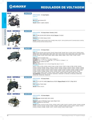 58 GAUSS Catálogo de Produtos - 24 - Regulador de Voltagem
REGULADOR DE VOLTAGEM
ELÉTRICAREGULADORDEVOLTAGEM
VALEO GA998
ESPECIFICAÇÕES: 14, Campo Negativo
SUBSTITUI:
-
APLICAÇÃO:
GM: Agile /Captiva /Montana 2010
ALTERNADOR:
VALEO: SG93B111, 2606873, 25946766
VALEO - MOTOROLA GA500
ESPECIFICAÇÕES: 14V, Campo Positivo, Terminais L, W e IG
SUBSTITUI:
Valeo: 2541496, 2541406, 592793, 9RC2055, 9RC2062; Renault: 7701203872
APLICAÇÃO:
RENAULT: R19 1.8 89-95, Safrane 2.0 92-96
ALTERNADOR:
VALEO: A11VI26, A11VI28, A11VI30, A11VI31, A11VI59, A11VI61, A13V111, 13V114, A13V116, A13V117, A13V120, A13V121, A13V123,
A13V125, A13V132, A13V134, A13V135, A13V145
VALEO - MOTOROLA GA501
ESPECIFICAÇÕES: 14V, Campo Positivo
SUBSTITUI:
Valeo: 2521335, 2541392, 2541404, 2541433, 2541493, 2541666, 2541667, 2541682, 2541701, 2541702, 2541721, 2541800, 2541972,
2590768, 592791, 592797, 592800, 592801, 592910, 592911, 593131, 593133, 593137, 593139, 593258, 593301, 593312, 593326, 593350,
9RC6065, YM1940G, YM1949, YM1950, YM3953, YM6555, YM6952, YM6955, YM9980, YV1965, YV1965T, YV1969T, YV3970H
APLICAÇÃO:
AUDI: 100, 80, A4, A6, Cabriolet, Coupe;
CITROËN: ZX 1.1, 1.4, Saxo 1.0, 1.1, 1.4, Xsara 1.4, Berlingo 1.1;
PEUGEOT: 106 1.1, 1.3, 1.4, 1.6, Xsi, Rallye, 306 1.1, 1.4, 1.6, 405 1.4, 1.9, Partner 1.1, 1.4;
SEAT: Arosa, Ibiza, Cordoba, Inca, Toledo;
SKODA: Felicia;
VW: Caddy, Corrado, Golf 1.4, 1.6, 1.8, 1.9d, 2.0, Passat, Polo, Vento 1.4, 1.6, 1.8
ALTERNADOR:
2542101, A11VI8, A11VI23, A11VI26, A11VI36, A11VI45, A11VI49, A11VI57, A11VI61, A11VI64, A11VI85, A11VI93, A13VI100,
A13VI104, A13VI105, A13VI106, A13VI121, A13VI123, A13VI124, A13VI125, A13VI132, A13VI135, A13VI141, A13VI155, A13VI156,
A13VI164, A13VI184, A13VI185, A13VI186, A13VI189, A13VI191, A13VI198, A13VI209, A13VI212, A13VI213, A13VI216, A13VI218,
A13VI22, A13VI220, A13VI222, A13VI231, A13VI24, A13VI258, A13VI260, A13VI261, A13VI264, A13VI265, A13VI266, A13VI267,
A13VI268, A13VI274, A13VI280, A13VI281, A13VI31, A13VI40, A13VI41, A13VI44, A13VI45, A13VI52, A13VI57, A13VI60,
A13VI67, A13VI69, A13VI70, A13VI71, A13VI74, A13VI75, A13VI81, A13VI85, A13VI94, A13VI96, A13VI99, A14VI14, A14VI31;
VOLKSWAGEN: 021-903-023N, 021-903-025F, 030-903-023E, 030-903-023F, 037-903-023G, 037-903-023Q, 058-903-016E,
078-903-015B, 078-903-015D, 078-903-017B
VALEO - MOTOROLA GA502
ESPECIFICAÇÕES: 14V, Campo Positivo
SUBSTITUI:
Valeo: 2541715, 2541715C, 590932; Valeo-Motorolla: 9RC6074; Magneti Marelli: 940 038 191; Fiat: 9946195
APLICAÇÃO:
FIAT: Ducato Bus, Pritsche, Kasten
ALTERNADOR:
VALEO: A13VI72, A13V173
VALEO - MOTOROLA GA503
ESPECIFICAÇÕES: 14V, Campo Negativo
SUBSTITUI:
Valeo-Motorola: 2541668, 593290, 593310, 593349
APLICAÇÃO:
RENAULT: a partir de 1996 Safrane, Espace, Laguna, Megane, Scenic;
LINDE: Empilhadeiras com motor Renault
ALTERNADOR:
VALEO: A11VI105, A11VI179, A11VI79, A11VI81, A11VI85, A11VI92, A11VI93, A13VI157, A13VI163, A13VI164, A13VI165, A13VI166,
A13VI167, A13VI179, A13VI184, A13VI185, A13VI201, A13VI207, A13VI208, A13VI209, A13VI210, A13VI211, A13VI213, A13VI217,
A13VI218, A13VI224, A13VI266, A13VI267, A14VI17, A14VI18, A14VI24, A14VI25, A14VI85, A14VI92
 