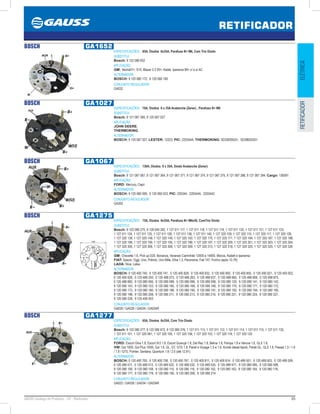 65GAUSS Catálogo de Produtos - 24 - Retificador
RETIFICADOR
ELÉTRICARETIFICADOR
BOSCH GA1652
ESPECIFICAÇÕES: 85A, Diodos 6x35A, Parafuso B+ M6, Com Trio Diodo
SUBSTITUI:
Bosch: 9 122 080 652
APLICAÇÃO:
GM: Vectra07, S10, Blazer 2.2 05, Kadet, Ipanema 89 c/ e s/ AC
ALTERNADOR:
BOSCH: 9 120 080 172, 9 120 080 180
CONJUNTO REGULADOR:
GA032
BOSCH GA1027
ESPECIFICAÇÕES: 70A, Diodos 6 x 35A Avalanche (Zener) , Parafuso B+ M6
SUBSTITUI:
Bosch: 9 121 067 385, 9 120 067 027
APLICAÇÃO:
JOHN DEERE;
THERMOKING
ALTERNADOR:
BOSCH: 9 120 067 027; LESTER: 12223; PIC: 220344A; THERMOKING: 5D33839G01, 5D38603G01 
BOSCH GA1067
ESPECIFICAÇÕES: 130A, Diodos 8 x 35A, Diodo Avalanche (Zener)
SUBSTITUI:
Bosch: 9 121 067 067, 9 121 067 364, 9 121 067 371, 9 121 067 374, 9 121 067 375, 9 121 067 388, 9 121 067 394; Cargo: 136591
APLICAÇÃO:
FORD: Mercury, Capri
ALTERNADOR:
BOSCH: 9 120 060 009, 9 120 060 023; PIC: 220344, 220344A, 220344C
CONJUNTO REGULADOR:
GA392
BOSCH GA1275
ESPECIFICAÇÕES: 75A, Diodos 6x35A, Parafuso B+ M6x50, ComTrio Diodo
SUBSTITUI:
Bosch: 9 122 080 275, 9 128 040 282, 1 127 011 117, 1 127 011 118, 1 127 011 119, 1 127 011 120, 1 127 011 121, 1 127 011 123,
1 127 011 124, 1 127 011 125, 1 127 011 128, 1 127 011 138, 1 127 011 140, 1 127 320 109, 1 127 320 110, 1 127 320 117, 1 127 320 128,
1 127 320 139, 1 127 320 148, 1 127 320 149, 1 127 320 150, 1 127 320 170, 1 127 320 171, 1 127 320 184, 1 127 320 187, 1 127 320 188,
1 127 320 189, 1 127 320 190, 1 127 320 195, 1 127 320 196, 1 127 320 197, 1 127 320 300, 1 127 320 301, 1 127 320 303, 1 127 320 304,
1 127 320 305, 1 127 320 306, 1 127 320 308, 1 127 320 309, 1 127 320 313, 1 127 320 318, 1 127 320 320, 1 127 320 325, 1 127 320 326
APLICAÇÃO:
GM: Chevette 1.6, Pick up D20, Bonanza, Veraneio Caminhão 12000 e 14000, Monza, Kadett e Ipanema;
FIAT: Spazio, Oggi, Uno, Prêmio, Uno Mille, Elba 1.3, Panorama, Fiat 147, Fiorino (após 10.79);
LADA: Niva, Laika.
ALTERNADOR:
BOSCH: 0 120 400 740, 0 120 400 741, 0 120 400 828, 0 120 400 832, 0 120 400 850, 0 120 400 855, 0 120 400 921, 0 120 400 922,
0 120 400 928, 0 120 488 250, 0 120 488 073, 0 120 488 263, 0 120 488 637, 0 120 488 660, 0 120 488 668, 0 120 488 875,
0 120 488 882, 9 120 080 056, 9 120 080 089, 9 120 080 096, 9 120 080 098, 9 120 080 120, 9 120 080 141, 9 120 080 142,
9 120 080 143, 9 120 080 153, 9 120 080 165, 9 120 080 168, 9 120 080 169, 9 120 080 170, 9 120 080 171, 9 120 080 172,
9 120 080 173, 9 120 080 180, 9 120 080 186, 9 120 080 190, 9 120 080 191, 9 120 080 192, 9 120 080 194, 9 120 080 195,
9 120 080 198, 9 120 080 208, 9 120 080 211, 9 120 080 213, 9 120 080 216, 9 120 080 221, 9 120 080 224, 9 120 080 227,
9 120 080 228, 9 120 456 053
CONJUNTO REGULADOR:
GA026 / GA028 / GA034 / GA034R
113
BOSCH GA1277
ESPECIFICAÇÕES: 65A, Diodos 6x35A, Com Trio Diodo
SUBSTITUI:
Bosch: 9 122 080 277, 9 122 080 672, 9 122 080 276, 1 127 011 113, 1 127 011 112, 1 127 011 114, 1 127 011 115, 1 127 011 135,
1 127 011 101, 1 127 320 081, 1 127 320 105, 1 127 320 108, 1 127 320 103, 1 127 320 119, 1 127 320 120
APLICAÇÃO:
FORD: Escort Ghia 1.8, Escort Xr3 1.8, Escort Guarujá 1.8, Del Rey 1.8, Belina 1.8, Pampa 1.8 e Verona 1.6, GLX 1.8;
VW: Gol 1000, Gol Plus 1000i, Gol 1.6, GL, GT, GTS 1.8, Parati e Voyage 1.5 e 1.6, Kombi diesel Apolo, Parati GL, GLS 1.8, Passat 1.5 / 1.6
/ 1.8 / GTS, Pointer, Santana, Quantum 1.8 / 2.0 (até 12.91).
ALTERNADOR:
BOSCH: 0 120 400 705, 0 120 400 758, 0 120 400 767, 0 120 400 811, 0 120 400 814, 0 120 489 501, 0 120 489 503, 0 120 489 509,
0 120 489 511, 0 120 489 513, 0 120 489 522, 0 120 489 532, 0 120 489 535, 0 120 489 917, 9 120 080 095, 9 120 080 099,
9 120 080 100, 9 120 080 108, 9 120 080 115, 9 120 080 116, 9 120 080 152, 9 120 080 163, 9 120 080 164, 9 120 080 176,
9 120 080 177, 9 120 080 178, 9 120 080 185, 9 120 080 206, 9 120 080 214
CONJUNTO REGULADOR:
GA022 / GA028 / GA034 / GA034R
 