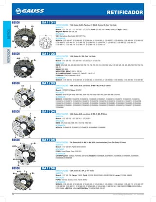 70 GAUSS Catálogo de Produtos - 24 - Retificador
RETIFICADOR
ELÉTRICARETIFICADOR
BOSCH GA1701
ESPECIFICAÇÕES: 115A, Diodos 8x50A, Parafuso B+ M8x50, Terminal W, Com Trio Diodo
SUBSTITUI:
Bosch: 1 127 320 701, 1 127 320 708, 1 127 320 731; Audi: 075 903 359; Lucas: UBB432; Cargo: 134003;
Magneti Marelli: 940 038 206
APLICAÇÃO:
VW: Alternadores Bosch série 469 IR/EF 115A.
ALTERNADOR:
BOSCH: 0 120 469 601, 0 120 469 602, 0 120 469 604, 0 120 469 605, 0 120 469 637, 0 120 469 638, 0 120 469 654, 0 120 469 674,
0 120 469 675, 0 120 469 701, 0 120 469 702, 0 120 469 703, 0 120 469 704, 0 120 469 705, 0 120 469 706, 0 120 469 707,
0 120 469 711, 0 120 469 714, 0 120 469 717, 0 120 469 718, 0 120 469 719 
123
BOSCH GA1702
ESPECIFICAÇÕES: 120A, Diodos 6 x 50A, Com Trio Diodo
SUBSTITUI:
Bosch: 1 127 320 702, 1 127 320 709, 1 127 320 722, 1 127 320 733
APLICAÇÃO:
BMW: 525i, 528i, 533, 535, 628, 635, 728, 732, 733, 735, 745, 316, 318, 320, 323, 325e, 518, 520, 525, 535, 628, 635, 728, 732, 735, 745,
528, Z1;
SAAB: 900, 9000;
MERCEDES BENZ: 500 SL, 300 SD;
SL LAMBORGHINI: Countach 5 S, Diablo 5.7, LM i29 5.2;
FERRARI: 328GTB, Mondial 8 85-87
ALTERNADOR:
BOSCH: 0 120 469 644, 0 120 469 645, 0 120 469 682, 0 120 469 683, 0 120 469 684, 0 120 469 685, 0 120 469 880, 0 120 469 881
BOSCH GA1703
ESPECIFICAÇÕES: 100A, Diodos 8x35, com triodo, B+ M8 + M6, D+ M5, Ø 120mm
SUBSTITUI:
Bosch: 1127320716; Volvo: 3515707
APLICAÇÃO:
VOLVO: Serie 740 2.4 diesel 1984-1992, Serie 760 /780 Diesel 1987-1992, Serie 940 /960 2.4 diesel
ALTERNADOR:
BOSCH: 0120469788, 0120469789, 0120469015, 0120469020, 0120469021, 0120469610, 0120469722, 0120469723, 0120469724,
0120469734, 0120469735, 0120469736, 0120469737, 0120469738, 0120469739, 0120469740, 0120469741, 0120469774, 0120469788,
0120469789, 0120469813, 0120469814, 0120469831, 0120469856, 0120469857, 0120469863, 0120469884, 0120469903, 0120469904,
0120469908, 0120469931, 0120469932, 0120469933, 0120469934, 0120469953, 0120469975, 0120469976, 0120469977, 0120469991,
0120469996
BOSCH GA1704
ESPECIFICAÇÕES: 100A, Diodos 8x35, com triodo, B+ M8, D+ M5, Ø 120mm
SUBSTITUI:
Bosch: 1 127 320 720, 1 127 320 741, 1 127 320 911
APLICAÇÃO:
BMW: 525i /530i /535i 1988-1991, 730 /735i 1986-1994
ALTERNADOR:
BOSCH: 0120469176, 0120469775, 0120469776, 0120469989, 0120469990
BOSCH GA1705
ESPECIFICAÇÕES: 75A, Diodos 6x35 B+ M6, D+ M4, W M5, com terminal aux. Com Trio Diodo, Ø 114mm
SUBSTITUI:
Bosch: 1 127 320 667; Ford: 86AB10304AA
APLICAÇÃO:
FORD: Escort /Fiesta /Orion 1976-2001
ALTERNADOR:
CATERPILLAR: 1008223; PERKINS: 2871C105; BOSCH: 0120488286, 0120489347, 0120489389, 0120489390, 0120489391,
0120489392, 0120489408
BOSCH GA1706
ESPECIFICAÇÕES: 130A, Diodos 8 x 50A, C/ Trio Diodo
SUBSTITUI:
Bosch: 1 127 320 706; Cargo: 134002; Ford: 6153350, 85GB10304CA, 86GB10304CA; Lucas: 2131044, UBB405
APLICAÇÃO:
FORD: Granada, Scorpio, Sierra, Transit, Merkur
ALTERNADOR:
BOSCH: 0 120 469 009, 0 120 469 032, 0 120 469 659, 0 120 469 660, 0 120 469 661, 0 120 469 662, 0 120 469 713, 0 120 469 747,
0 120 469 748, 0 120 469 871, 0 120 469 874, 0 120 469 899, 0 120 469 958, 0 986 034 140, 0 986 036 000; FORD: 85GX10300LA,
E7RY10346A; LESTER: 14944; MOTORCRAFT: GLE245; PIC: 220197
 