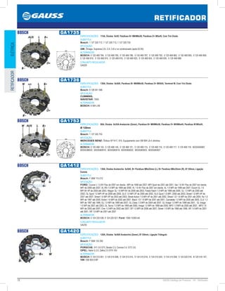 72 GAUSS Catálogo de Produtos - 24 - Retificador
RETIFICADOR
ELÉTRICARETIFICADOR
BOSCH GA1735
ESPECIFICAÇÕES: 115A, Diodos 8x50, Parafuso B+ M8/M6x50, Parafuso D+ M5x45, Com Trio Diodo
SUBSTITUI:
Bosch: 1 127 320 712, 1 127 320 713, 1 127 320 735 
APLICAÇÃO:
GM: Ômega, Suprema 2.0i, 2.2i, 3.0i c/ ar condicionado (após 03.93).
ALTERNADOR:
BOSCH: 0 120 469 784, 0 120 469 785, 0 120 469 786, 0 120 469 787, 0 120 469 793, 0 120 469 882, 0 120 469 883, 0 120 469 909,
0 120 469 910, 0 120 469 915, 0 120 469 916, 0 120 469 923, 0 120 469 924, 0 120 469 935, 0 120 469 988 
CONJUNTO REGULADOR:
GA029
123
BOSCH GA1736
ESPECIFICAÇÕES: 130A, Diodos 8x50A, Parafuso B+ M6/M8x50, Parafuso D+ M5X45, Terminal W, Com Trio Diodo
SUBSTITUI:
Bosch: 9 128 041 566 
APLICAÇÃO:
CUMMINS;
NAVISTAR: 100A
ALTERNADOR:
BOSCH: 6 004 LA9 
BOSCH GA1753
ESPECIFICAÇÕES: 80A, Diodos 8x35A Avalanche (Zener), Parafuso B+ M8/M6x50, Parafuso D+ M5/M4x45, Parafuso W M5x45,
Ø 120mm
SUBSTITUI:
Bosch: 1 127 320 753 
APLICAÇÃO:
MERCEDES BENZ: Ônibus OF1417, 915, Equipamento com OM 904 LA 4 cilindros.
ALTERNADOR:
BOSCH: 0 120 468 143, 0 120 468 145, 0 120 469 101, 0 120 469 115, 0 120 469 116, 0 120 469 117, 0 120 469 118, 6033G004BY,
6033G3B022, 6033GB3010, 6033GB3019, 6033GB3022, 6033GB3023, 6033GB3027 
123
BOSCH GA1412
ESPECIFICAÇÕES: 130A, Diodos Avalanche 6x50A, B+ Parafuso M8x22mm (L), B+ Parafuso M6x32mm (R), Ø 120mm, Ligação
Estrela
SUBSTITUI:
Bosch: F 00M 113 212
APLICAÇÃO:
FORD: Courier L 1.6 8V Flex de 2007 em diante , MPI de 1999 até 2007, MPI Sport de 2001 até 2001, Van 1.6 8V Flex de 2007 em diante,
MPI de 2006 até 2007, XL-RS 1.6 MPI de 1999 até 2000, XL 1.6 8V Flex de 2007 em diante, XL 1.6 MPI de 1999 até 2007, Escort GL 1.6
MPI 8V 4P de 2000 até 2003, Wagon GL 1.6 MPI 8V de 2000 até 2003, Fiesta Hatch 1.0 MPI de 1999 até 2000, GL 1.0 MPI de 2000 até
2002, GL Sport 1.0 MPI 4P de 2000 até 2000, GLX 1.6 MPI 2P de 2000 até 2002, GLX Sport 1.6 MPI 2000 até 2003, Street 1.0 MPI 4P de
2001 até 2007, Street 1.6 MPI 4P de 2003 até 2003, Street Action 1.0 MPI 4P de 2001 até 2002, Street 1.0/ 1.6 MPI de 2001 até 2004, Ka 1.0
MPI de 1997 até 2000, Action 1.6 MPI de 2002 até 2007, Black 1.0/ 1.6 MPI de 2001 até 2001, Camaleão 1.0 MPI de 2005 até 2005, CLX 1.3
MPI de 1997 até 1999, GL 1.0 MPI de 1999 até 2007, GL Class 1.0 MPI de 2004 até 2007, GL Image 1.0 MPI de 1999 até 2001, GL Image
1.0 MPI de 2001 até 2003, GL Tecno 1.0 MPI de 1999 até 2000, Image 1.0 MPI de 1998 até 2000, MP3 1.0 MPI de 2005 até 2007, MP3 1.6
MPI de 2005 até 2007, One 1.0 MPI de 2002 até 2007, SP 1.0 MPI de 2006 até 2007, Street 1.0 MPI de 1998 até 1999, XR 1.6 MPI de 2001
até 2001, XR 1.6 MPI de 2001 até 2007
ALTERNADOR:
BOSCH: 0 124 225 038, 0 124 225 021; Ford: 1S65 10300 AA
CONJUNTO REGULADOR:
GA235
BOSCH GA1420
ESPECIFICAÇÕES: 120A, Diodos 6x50A Avalanche (Zener), Ø 120mm, Ligação Triângulo
SUBSTITUI:
Bosch: F 00M 133 200
APLICAÇÃO:
PORSCHE: 911 3.6 GT3, Boxter 2.5, Correra 3.4, GT3 3.6;
OPEL: Astra G 2.0, Zafira 2.0 DTH 16V
ALTERNADOR:
BOSCH: 0 124 515 001, 0 124 515 008, 0 124 515 015, 0 124 515 016, 0 124 515 043, 0 124 515 058, 0 124 525 016, B 120 516 147;
VW: 038 903 018F
 