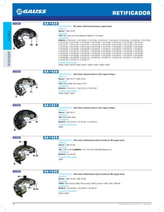 74 GAUSS Catálogo de Produtos - 24 - Retificador
RETIFICADOR
ELÉTRICARETIFICADOR
BOSCH GA1425
ESPECIFICAÇÕES: 90A, Diodos 6x35A Avalanche (Zener), Ligação Estrela
SUBSTITUI:
Bosch: F 00M 123 207
APLICAÇÃO:
FIAT: Palio, Siena, Uno, Palio Weekend e Weekend 1.7TD, Strada
ALTERNADOR:
BOSCH: 0 124 215 001, 0 124 215 002, 0 124 215 003, 0 124 215 007, 0 124 225 010, 0 124 225 049, 0 124 225 050, 0 124 315 001,
0 124 315 002, 0 124 315 003, 0 124 315 004, 0 124 315 005, 0 124 315 006, 0 124 315 007, 0 124 315 008, 0 124 315 010,
0 124 315 011, 0 124 315 013, 0 124 315 014, 0 124 315 016, 0 124 315 024, 0 124 315 025, 0 124 315 029, 0 124 315 031,
0 124 315 032, 0 124 315 033, 0 124 315 034, 0 124 315 036, 0 124 315 037, 0 124 320 001, 0 124 325 001, 0 124 325 002,
0 124 325 003, 0 124 325 004, 0 124 325 006, 0 124 325 007, 0 124 325 011, 0 124 325 012, 0 124 325 013, 0 124 325 014,
0 124 325 015, 0 124 325 016, 0 124 325 017, 0 124 325 018, 0 124 325 020, 0 124 325 024, 0 124 325 028, 0 124 325 032,
0 124 325 033, 0 124 325 036, 0 124 325 039, 0 124 325 040, 0 124 325 043, 0 124 325 045, 0 124 325 046, 0 124 325 048,
0 124 325 049, 0 124 325 055, 0 124 325 073, 0 124 325 074, 0 124 325 075, 0 124 325 077, 0 124 325 079, 0 124 325 087,
0 124 325 088, 0 124 325 093, 0 124 325 101, 0 124 325 105, 0 124 325 137, 0 124 325 140, 0 124 325 111, 0 124 325 141,
0 124 325 165, 0 124 325 170, 0 124 325 177
CONJUNTO REGULADOR:
GA220 / GA225 / GA239 / GA240 / GA261 / GA265 / GA281 / GA282 / GA391
BOSCH GA1426
ESPECIFICAÇÕES: 120A, Diodos Avalanche (Zener) 6 x 50A, Ligação Triângulo
SUBSTITUI:
Bosch: F 00M 123 211, F 00M 123 331
APLICAÇÃO:
FIAT: Brava, Marea, Stilo, Strada 1.6 16V
ALTERNADOR:
BOSCH: 0 124 415 011, 0 124 415 012, 0 124 415 037
CONJUNTO REGULADOR:
GA220 / GA281 / GA391
BOSCH GA1427
ESPECIFICAÇÕES: 120A, Diodos Avalanche (Zener) 6 x 50A, Ligação Triângulo
SUBSTITUI:
Bosch: F 00M 133 211
APLICAÇÃO:
GM: Astra, Zafira, Vectra
ALTERNADOR:
BOSCH: 0 124 515 043, 0 124 515 081, 0 124 525 015
CONJUNTO REGULADOR:
GA281
BOSCH GA1428
ESPECIFICAÇÕES: 120A, Diodos 6x50A Avalanche (Zener), Parafuso B+ M8, Ligação Estrela
SUBSTITUI:
Bosch: F 00M 123 328
APLICAÇÃO:
VW: 13180, 15180; CUMMINS: 7110, 7120, 8120, 8150 MWM Eletronico 12V
ALTERNADOR:
BOSCH: 0 124 325 067
CONJUNTO REGULADOR:
GA261
BOSCH GA1430
ESPECIFICAÇÕES: 120A, Diodos 6x50A Avalanche (Zener), Parafuso B+ M6, Ligação Estrela
SUBSTITUI:
Bosch: F 00M 123 252, F 00M 123 309
APLICAÇÃO:
FORD: F250 Cummins, MWM, F350 Cummins, F4000 Cummins, F12000, 14000, 16000 98
ALTERNADOR:
BOSCH: 0 124 325 064, 0 124 325 063, 0 124 325 161
CONJUNTO REGULADOR:
GA234 / GA235
 