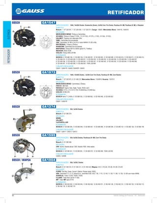 82 GAUSS Catálogo de Produtos - 24 - Retificador
RETIFICADOR
ELÉTRICARETIFICADOR
BOSCH GA1547
ESPECIFICAÇÕES: 140A, 14x50A Diodos Avalanche (Zener), 3x35A Com Trio Diodo, Parafuso B+ M8, Parafuso B- M8, c/ Resistor
SUBSTITUI:
Bosch: 1 127 320 547, 1 127 320 550, 1 127 320 571; Cargo: 136581; Mercedes Benz: 1545116, 1545416
APLICAÇÃO:
MERCEDES BENZ: Ônibus e Caminhões;
SCANIA: Ônibus e Chassi F112HL, 113, K113CL, K113TL, L113CL, S113AL, S113CL;
VALMET: Tratores com alternador 90A;
VME: Caminhões fora de estrada;
VW: Caminhões 16.180 e 16.210 c/ motor MWM 6.10 (83 a 86);
RECROSUL: Chassi p /Ônibus;
RANDOM: Caminhões fora de estrada;
MAFERSA: Ônibus M210 e M240 (após 91), Trolebus;
MAXION: Motor 4236;
VOLVO: Ônibus B58 e B10M.
ALTERNADOR:
BOSCH: 0 120 488 158, 0 120 488 159, 9 120 456 001, 9 120 456 003, 9 120 456 008, 9 120 456 010, 9 120 456 011, 9 120 456 012,
9 120 456 014, 9 120 456 028, 9 120 456 031, 9 120 456 032, 9 120 456 033, 9 120 456 034, 9 120 456 036, 9 120 456 037,
9 120 456 038, 9 120 456 039, 9 120 456 040, 9 120 456 041, 9 120 456 042, 9 120 456 043, 9 120 456 044, 9 120 456 046,
9 120 456 047, 9 120 456 048, 9 120 456 050, F006 LD0-800
CONJUNTO REGULADOR:
GA041 / GA041R / GA042 /GA042R / GA043 
147
BOSCH GA1973
ESPECIFICAÇÕES: 140A, 12x50A Diodos , 3x35A Com Trio Diodo, Parafuso B+ M8, Com Resitor
SUBSTITUI:
Bosch: 1 127 320 973, 9 121 456 212; Mercedes Benz: 11540816; Scania: 1347012
APLICAÇÃO:
MERCEDES BENZ: Caminhões e Ônibus;
IVECO: 3801029;
RENAULT: Agora, Ares, Iliade, Tracer, R332 Line1;
SCANIA: K113, L113, N113, F94, K124EB Bus, K124IB Bus;
VOLVO: B10M, B7L
ALTERNADOR:
BOSCH série T1 (140A): 0 120 689 535, 0 120 689 562, 9 120 456 049, 9 120 456 052 
CONJUNTO REGULADOR:
GA041 / GA041R
147
BOSCH GA1374
ESPECIFICAÇÕES: 55A, 3x35A Diodos
SUBSTITUI:
Bosch: 9 121 080 374
APLICAÇÃO:
MWM;
VALMET;
CATERPILLAR
ALTERNADOR:
BOSCH: 9 120 080 045, 9 120 080 049, 9 120 080 057, 9 120 080 085, 9 120 080 094, 9 120 080 107, 9 120 080 138, 9 120 080 146 
CONJUNTO REGULADOR:
GA001 / GA011 / GA012 / GA013
BOSCH GA1595
ESPECIFICAÇÕES: 55A, 6x35A Diodos, Parafusos B+ M6, Com Trio Diodo
SUBSTITUI:
Bosch: 9 121 080 595
APLICAÇÃO:
VW: Kombi, Brasília álcool 1300, Brasília 1600, Volks sedan.
ALTERNADOR:
BOSCH: 9 120 080 041, 9 120 080 061, 9 120 080 072, 9 120 080 090, F000 LD0108 
CONJUNTO REGULADOR:
GA003 / GA999
BOSCH / WAPSA GA1004
ESPECIFICAÇÕES: 55A, 3x35A, Diodos
SUBSTITUI:
Bosch: 9 121 450 310, 9 121 450 311, 9 121 450 533; Wapsa: 415-1, 415-26, 415-36, 415-38, 415-39 
APLICAÇÃO:
FORD: Del Rey, Scala, Corcel II, Belina, Pampa (após 10/82);
VW: Caminhão E-11, E-13, álcool 8 cil., caminhão 6.80, 6.90, 7.90, 7.110, 12.140, 11.130, 11.160, 13.130, 13.160 com motor MWM;
AGRALE: Trator T-4100, T4200, T4300;
CLARK: Trator Bob Cat M-711-MS;
MF: Trator MF após 07/78.
ALTERNADOR:
BOSCH: 9 190 450 042, 9 190 450 044, 9 190 450 052, 9 190 450 071, 9 190 450 100, 9 190 450 101, 9 190 450 102, 9 190 450 113,
9 190 450 118, 9 190 450 119
 